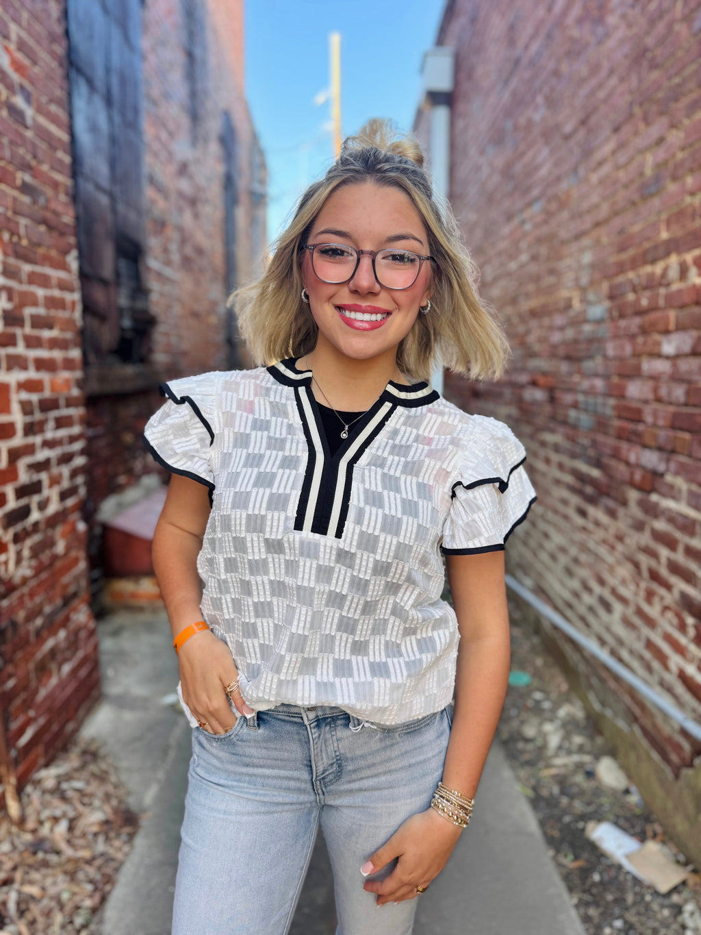 V-Neck Flutter Sleeve White Top