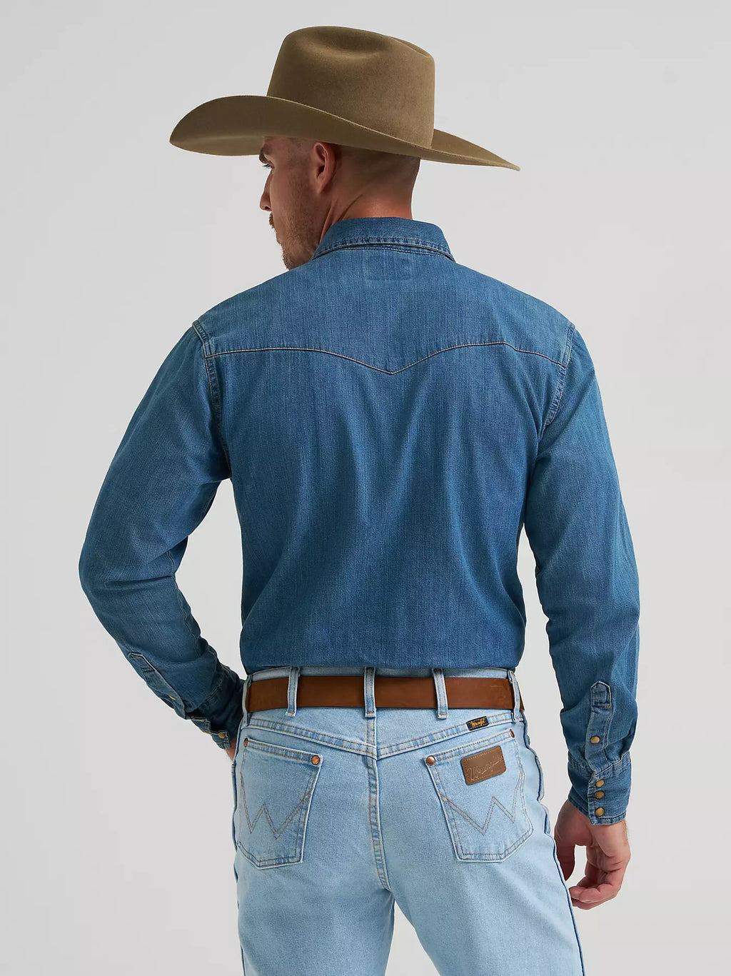 Wrangler Mens Classic Denim Western Snap Shirt - Mid Wash