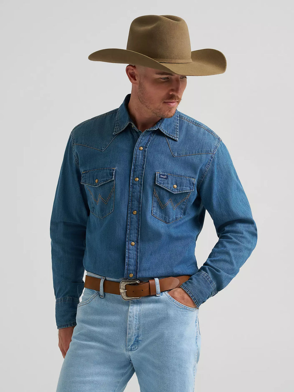 Wrangler Mens Classic Denim Western Snap Shirt - Mid Wash