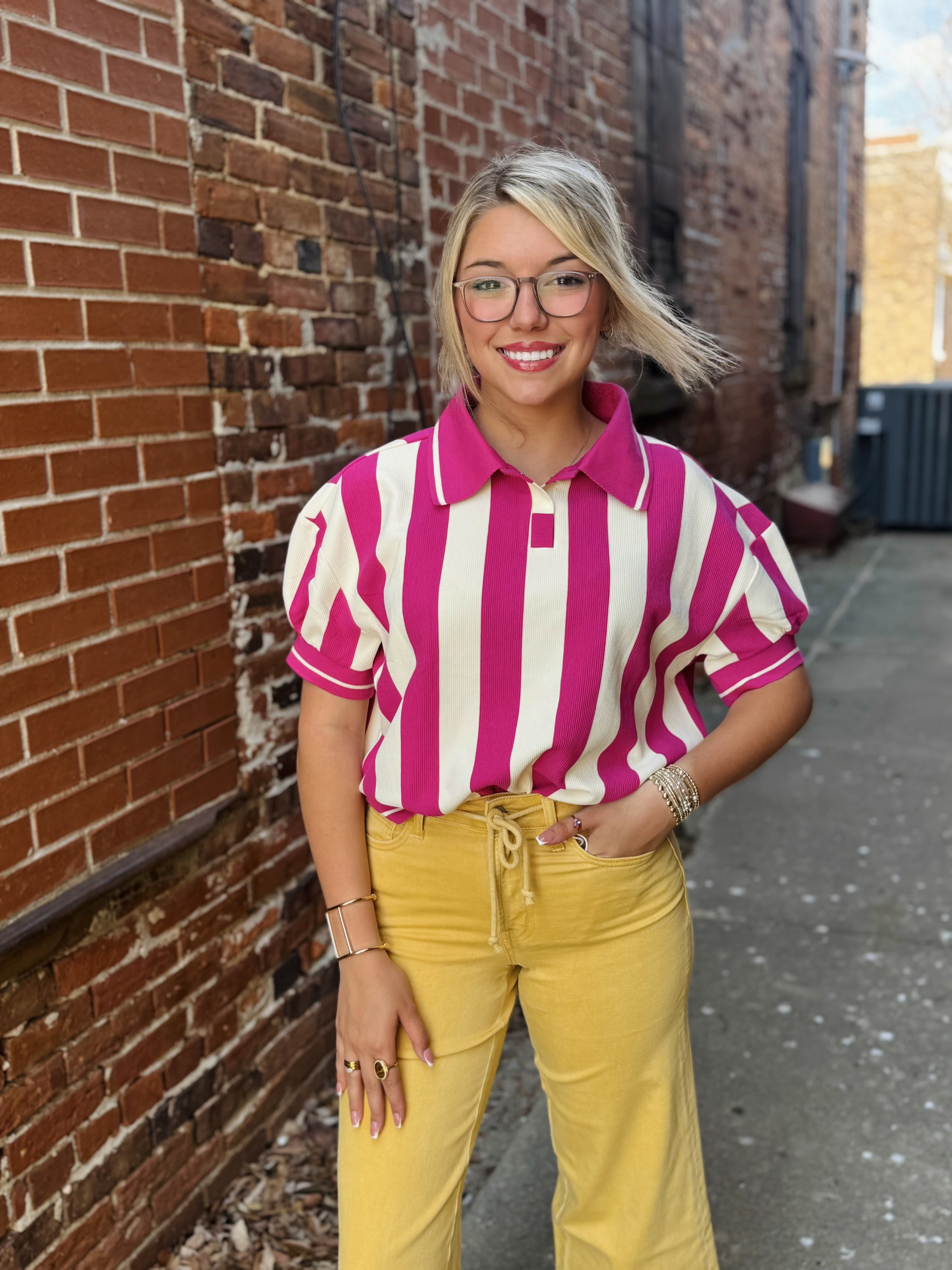 Fuschia Stripe Collar Top