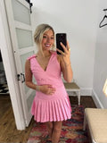 Hot pink pleated bow shoulder midi