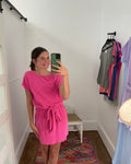 Boat Neck Short Dress with Waist Tie Belt