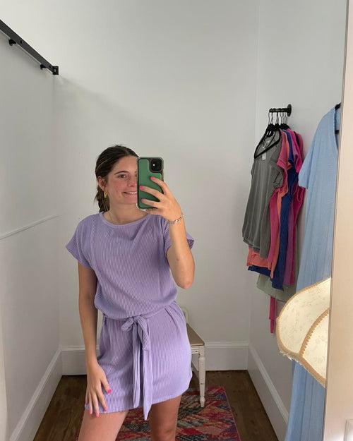 Boat Neck Short Dress with Waist Tie Belt