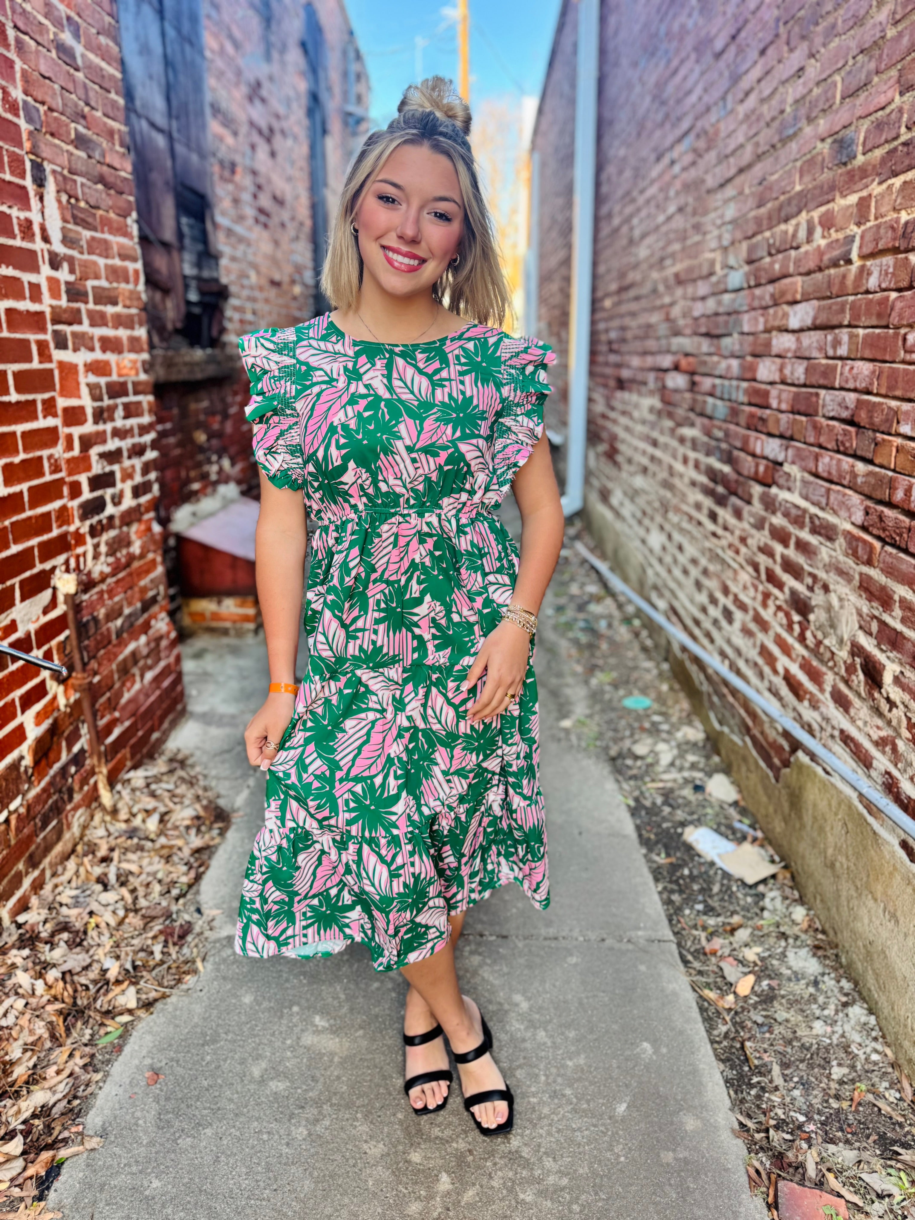 Pink & Green Floral tiered dress