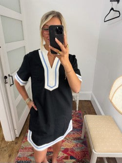 Black poplin dress w/ blue trim