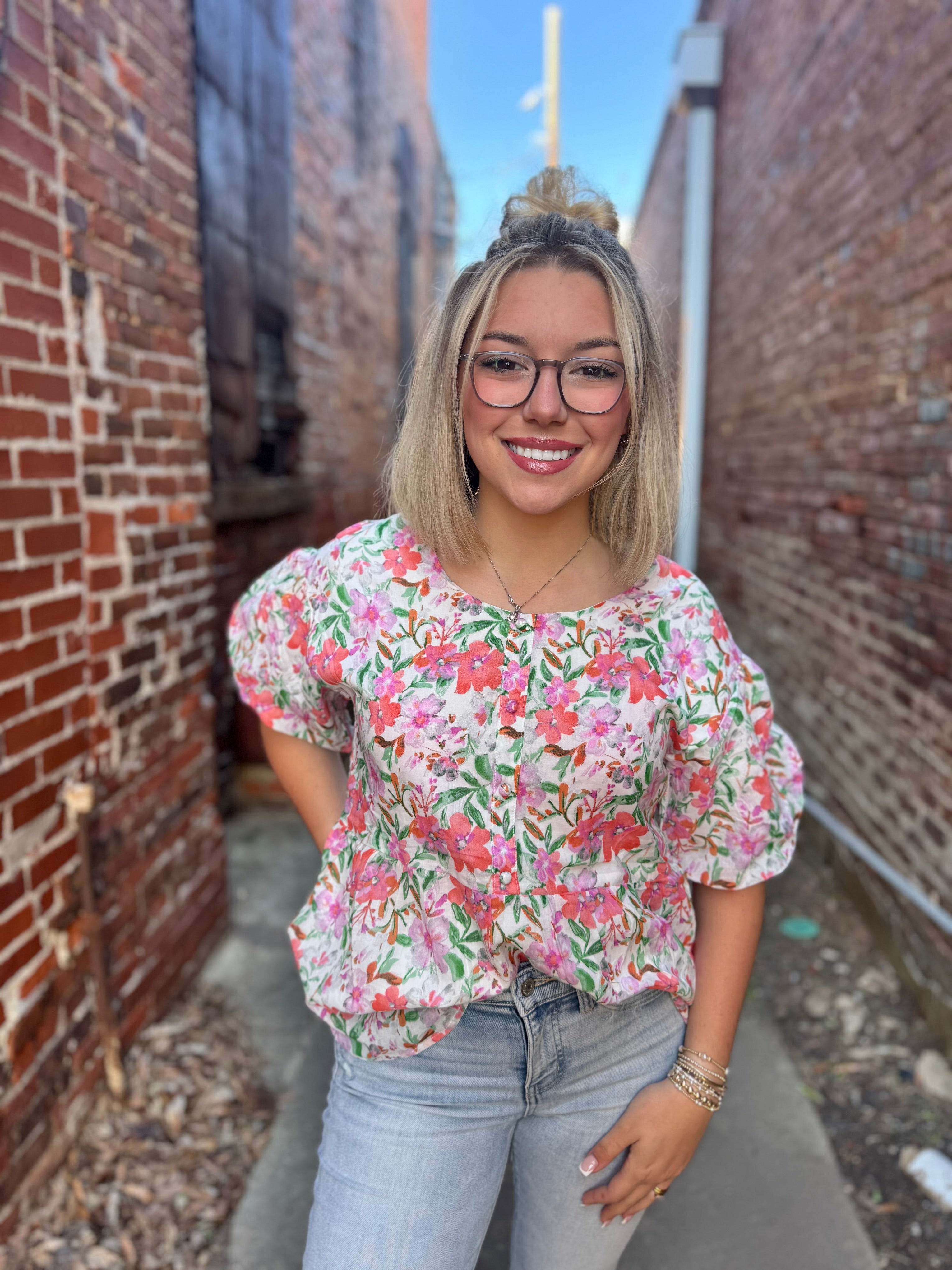 Puff Sleeve Blouse, Watercolor Flowers
