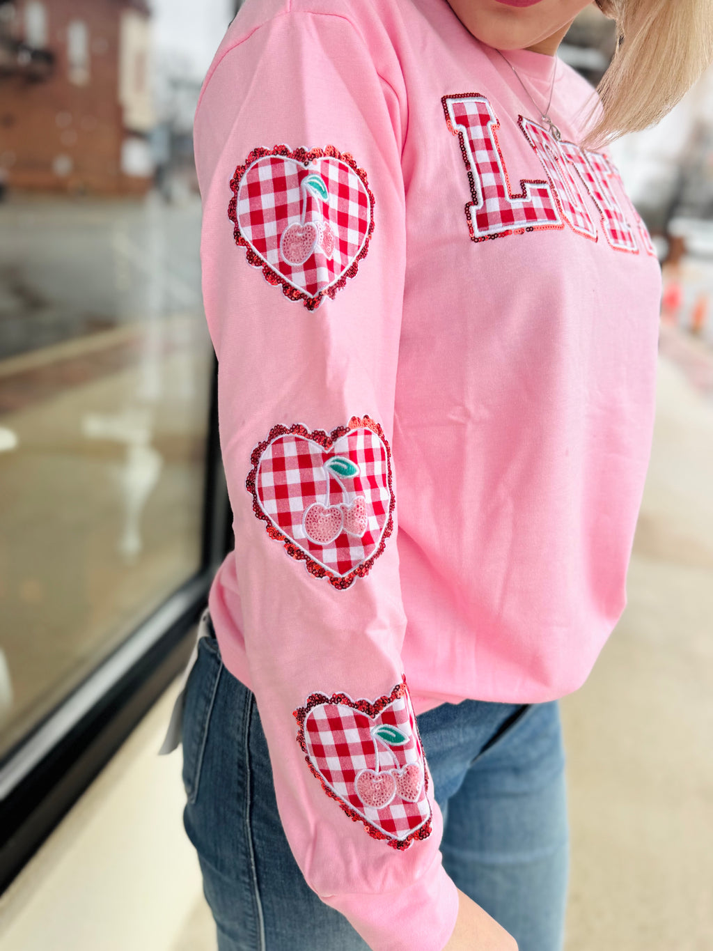 Gingham "Love" On Pink Top