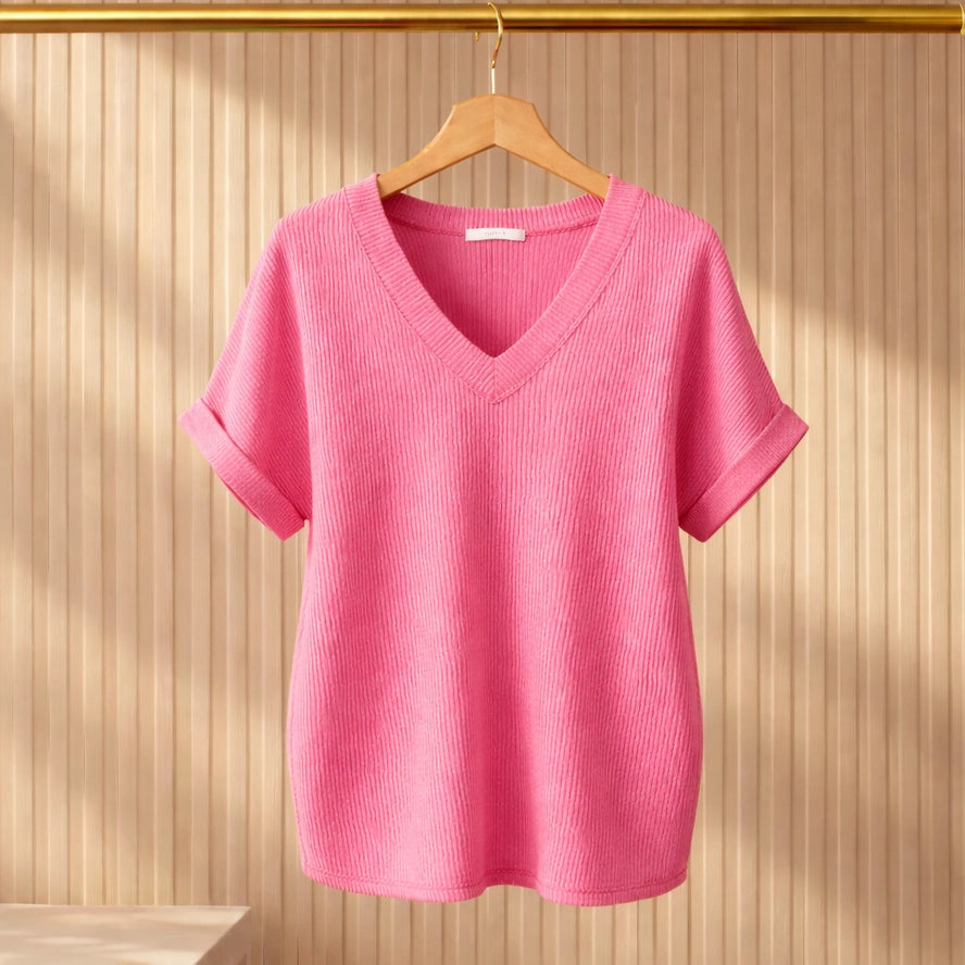 Basic Wave Rib V-neck SS Tunic Top