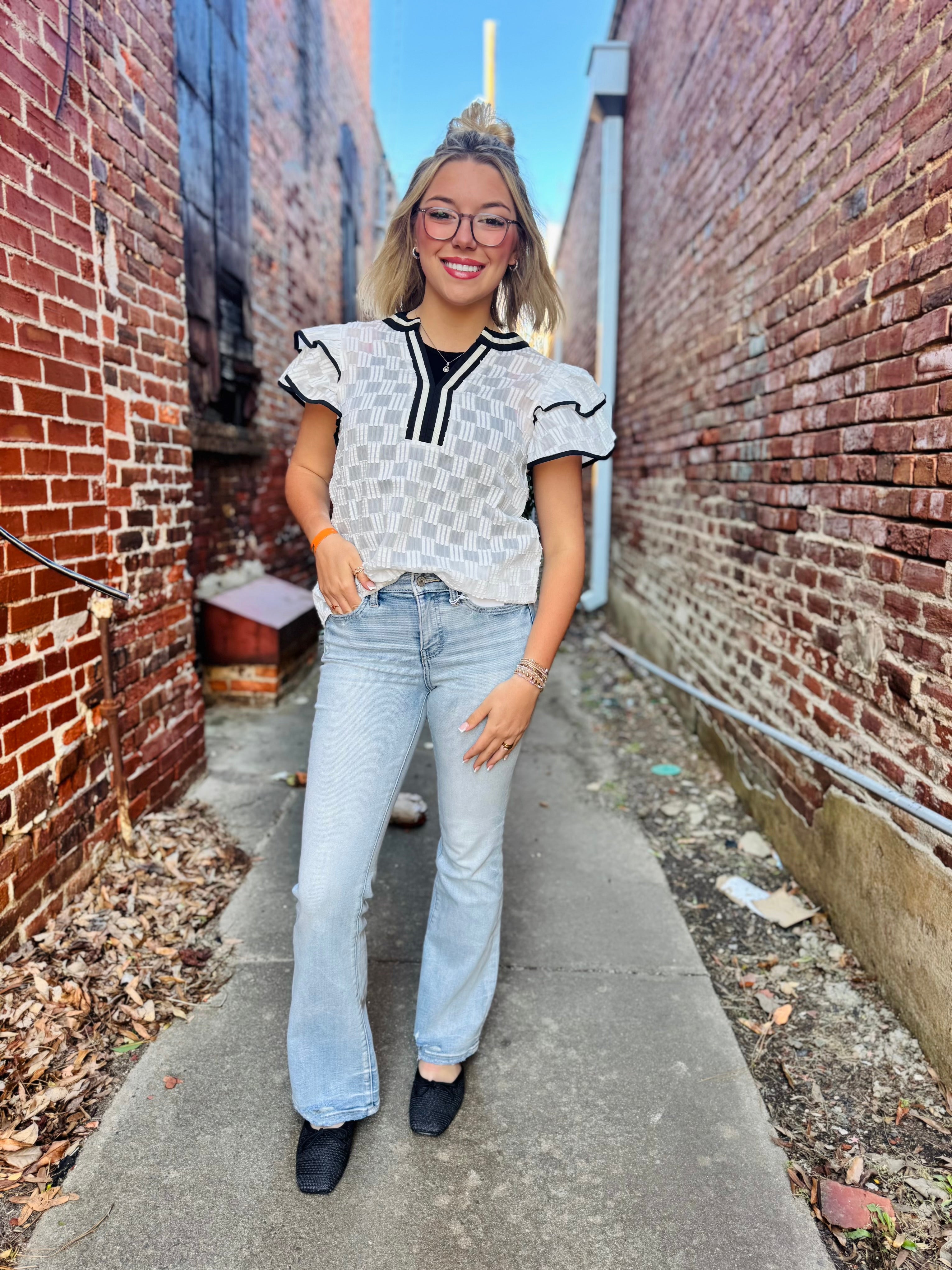 V-Neck Flutter Sleeve White Top