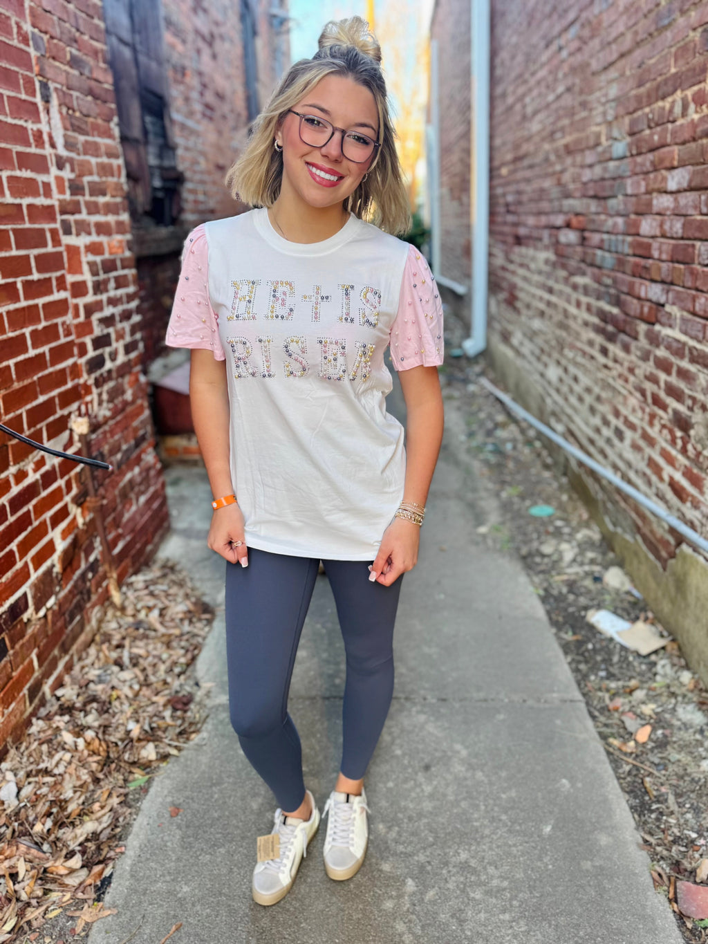 He is Risen Pearl Studs on princess top