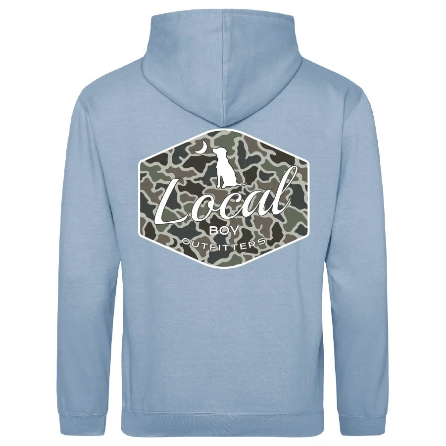 Youth Brushwood Hoodie - Dog & Moon Camo Badge Sky Blue