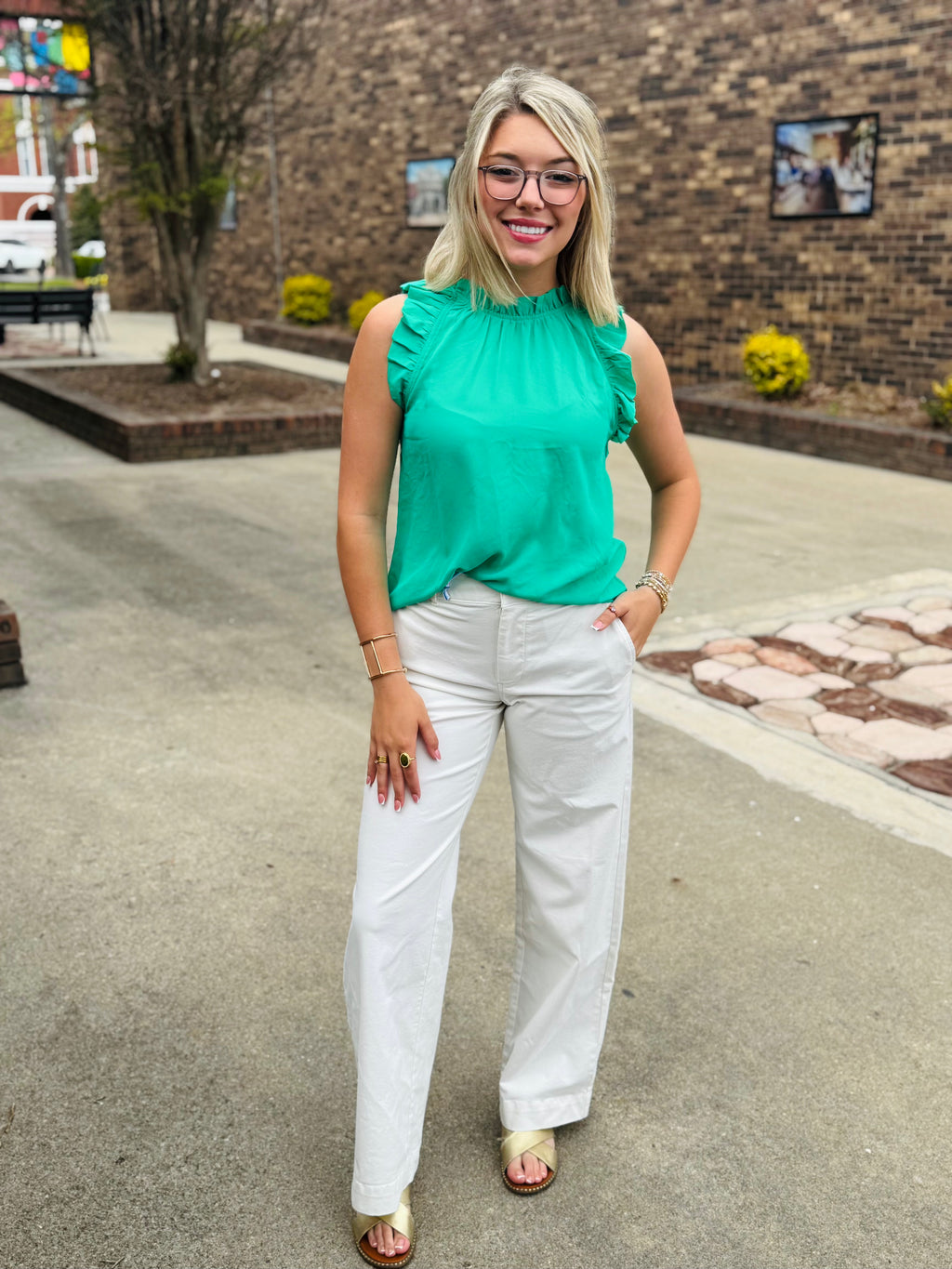 Ruffle Sleeve Tank-Kelly Green