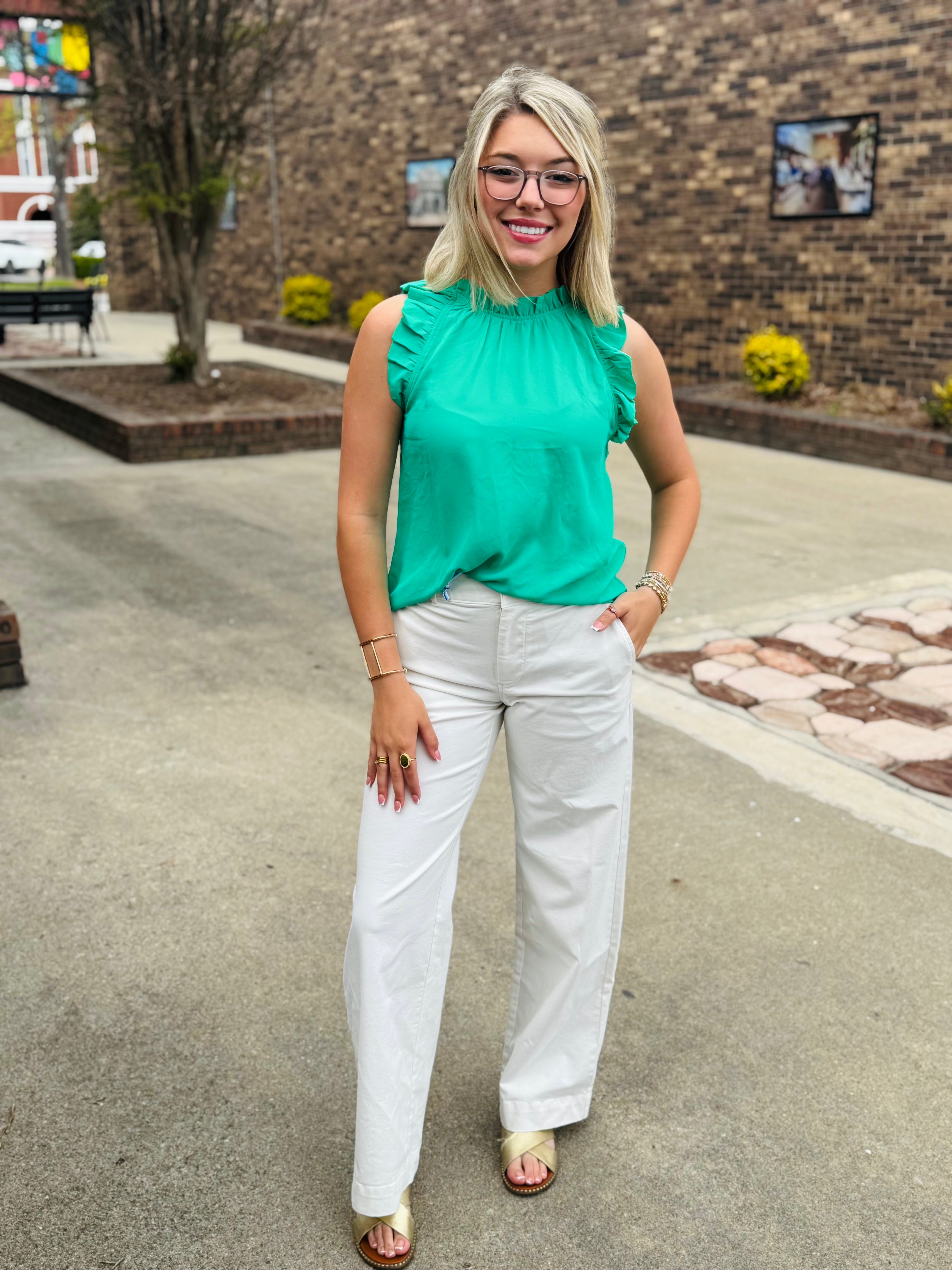 Ruffle Sleeve Tank-Kelly Green