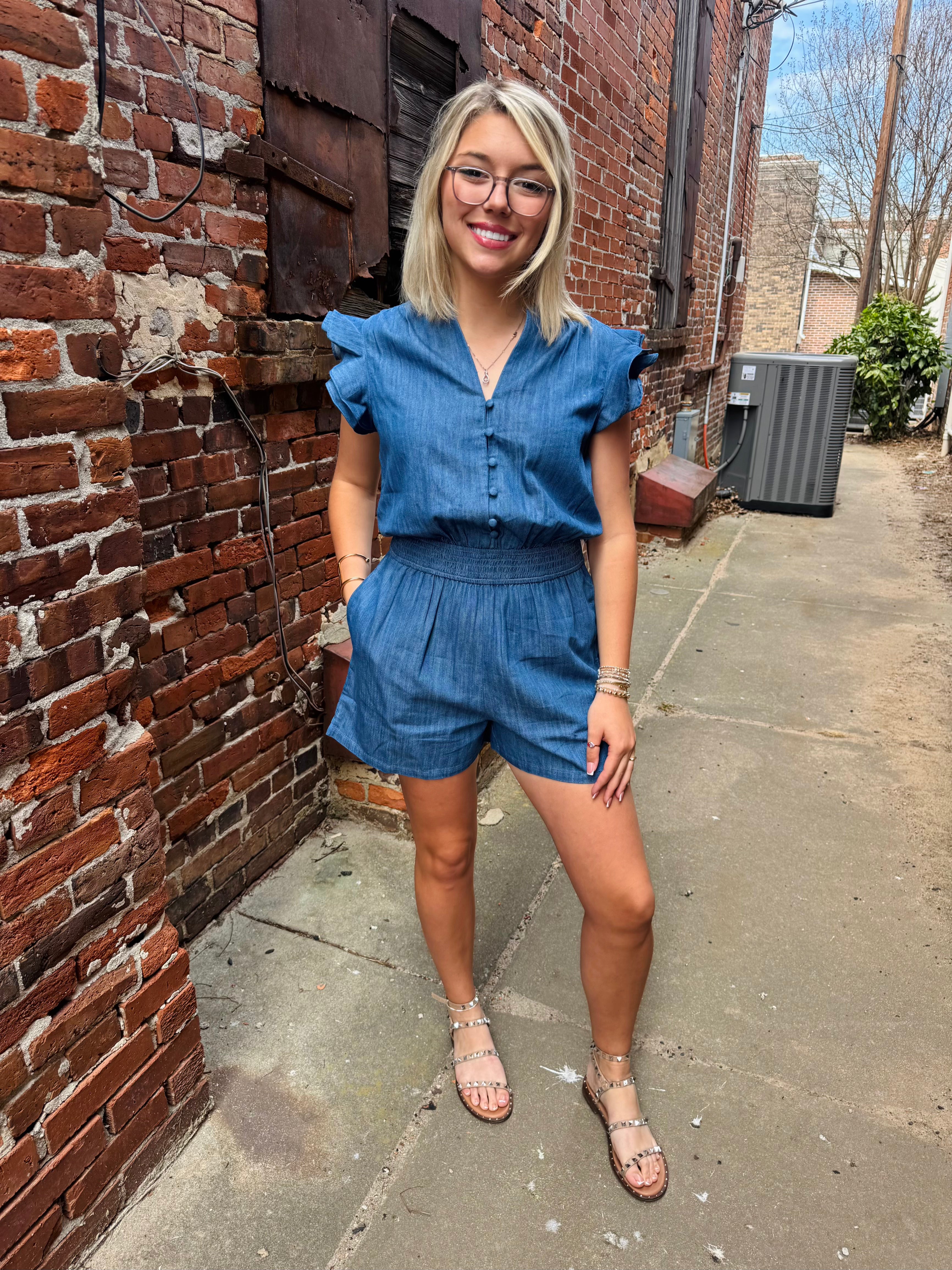 W Evalyn Flutter Sleeve Smocked Romper-Md Washed Indigo