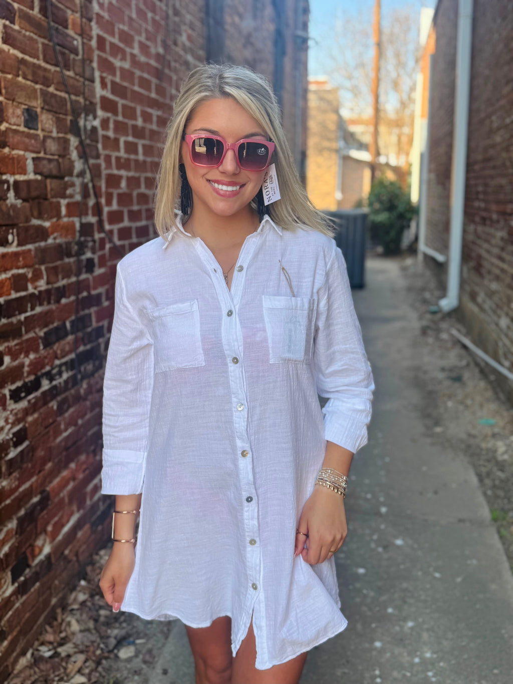 Cotton Button Down Shirt Dress White