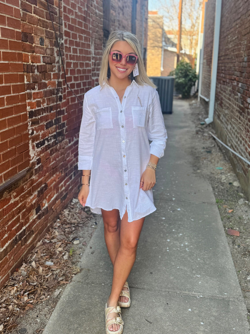 Cotton Button Down Shirt Dress White