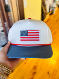 USA Flag Patch Mesh Back Trucker Hat- White & Slate