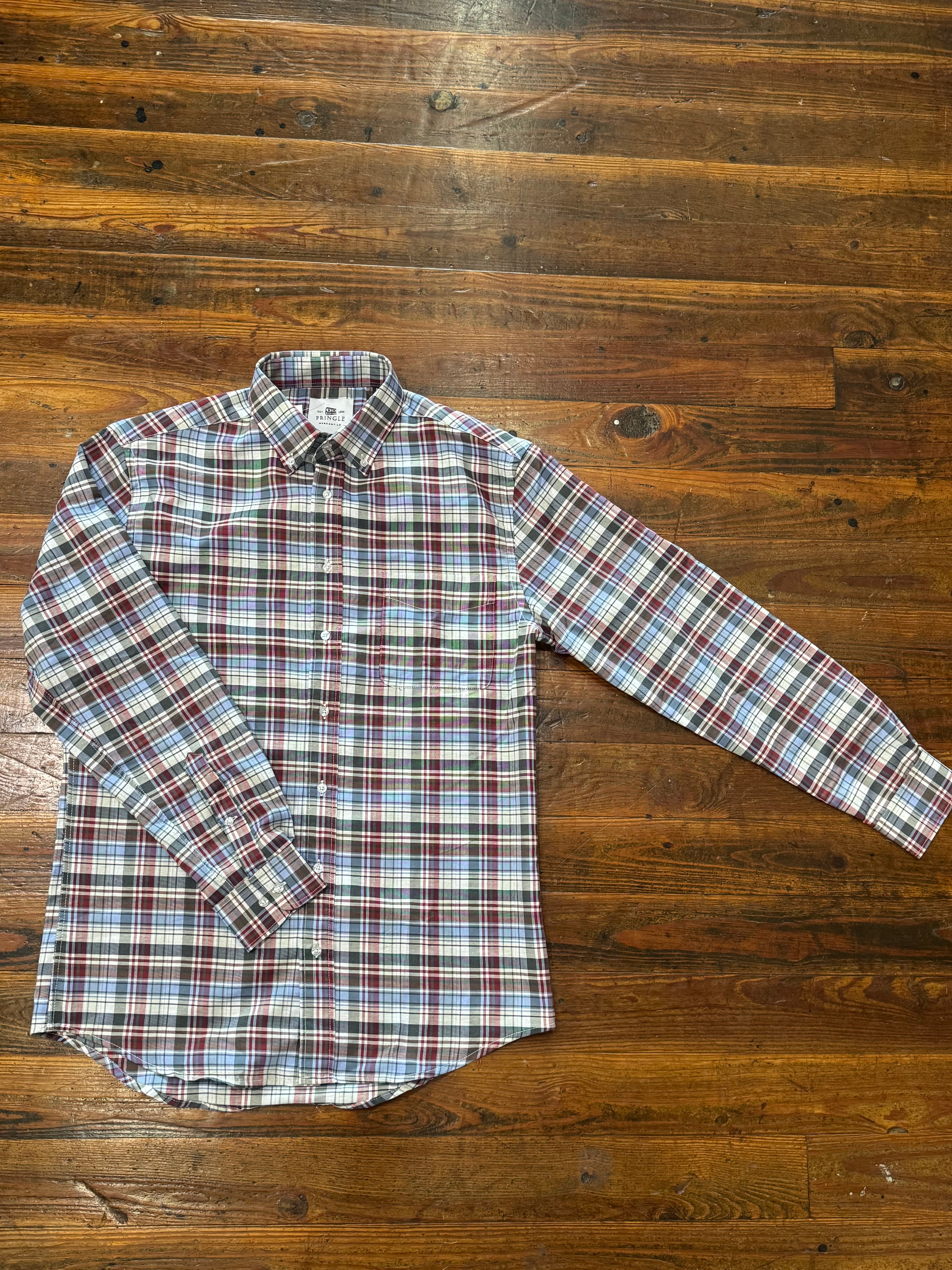 PM Crimson, Green, and Blue Plaid Button Up