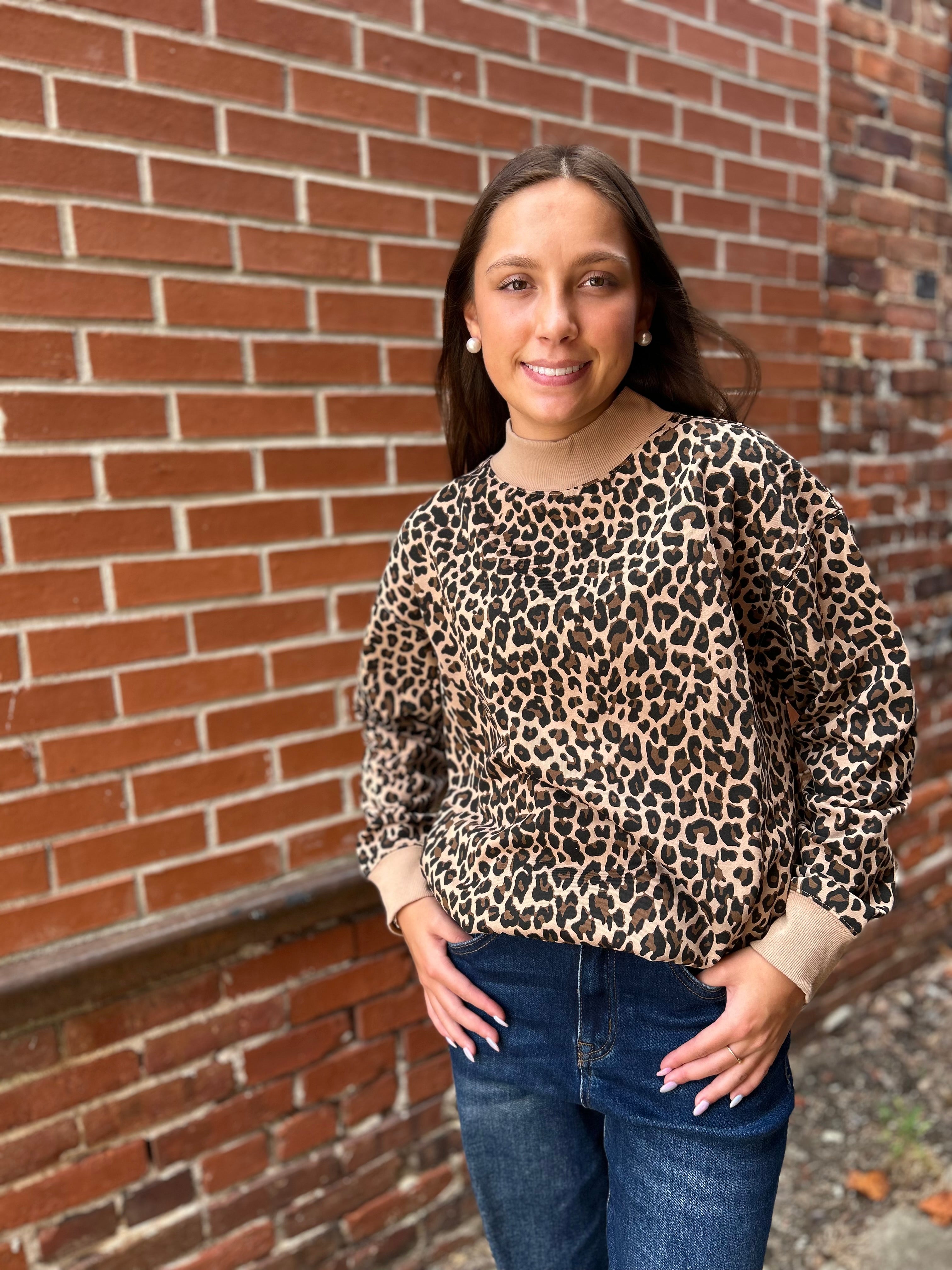Mock Neck Sweatshirt, Leopard