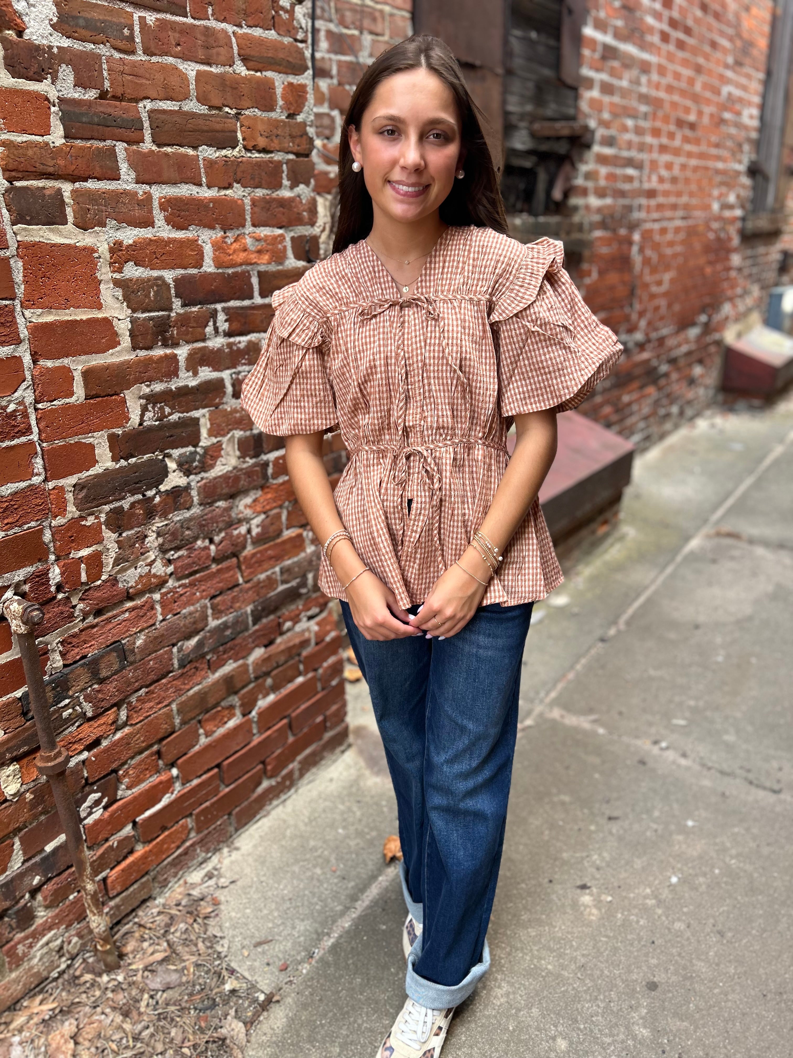 Puff Sleeve Tie-Front Blouse, Brown Gingham