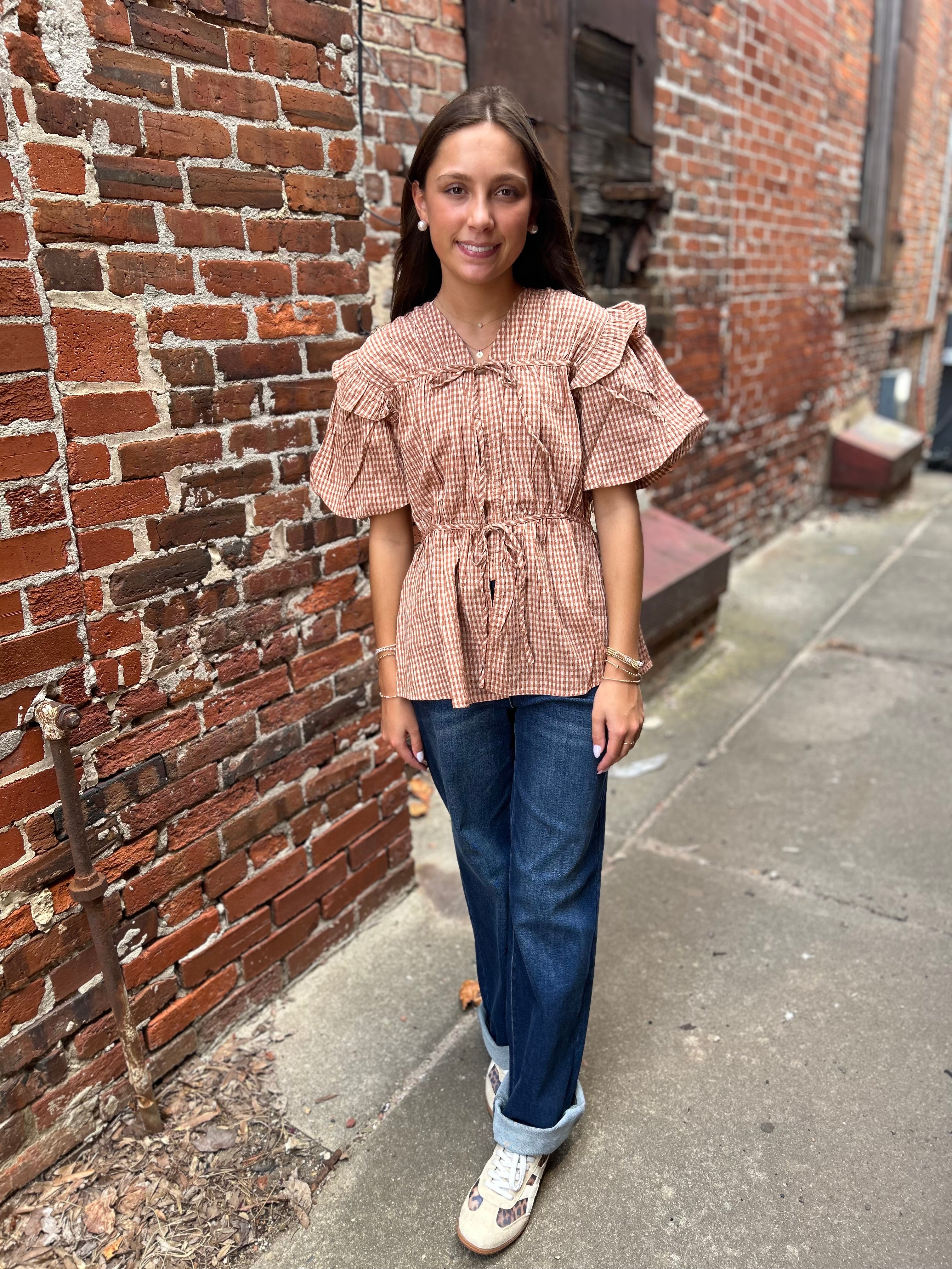 Puff Sleeve Tie-Front Blouse, Brown Gingham