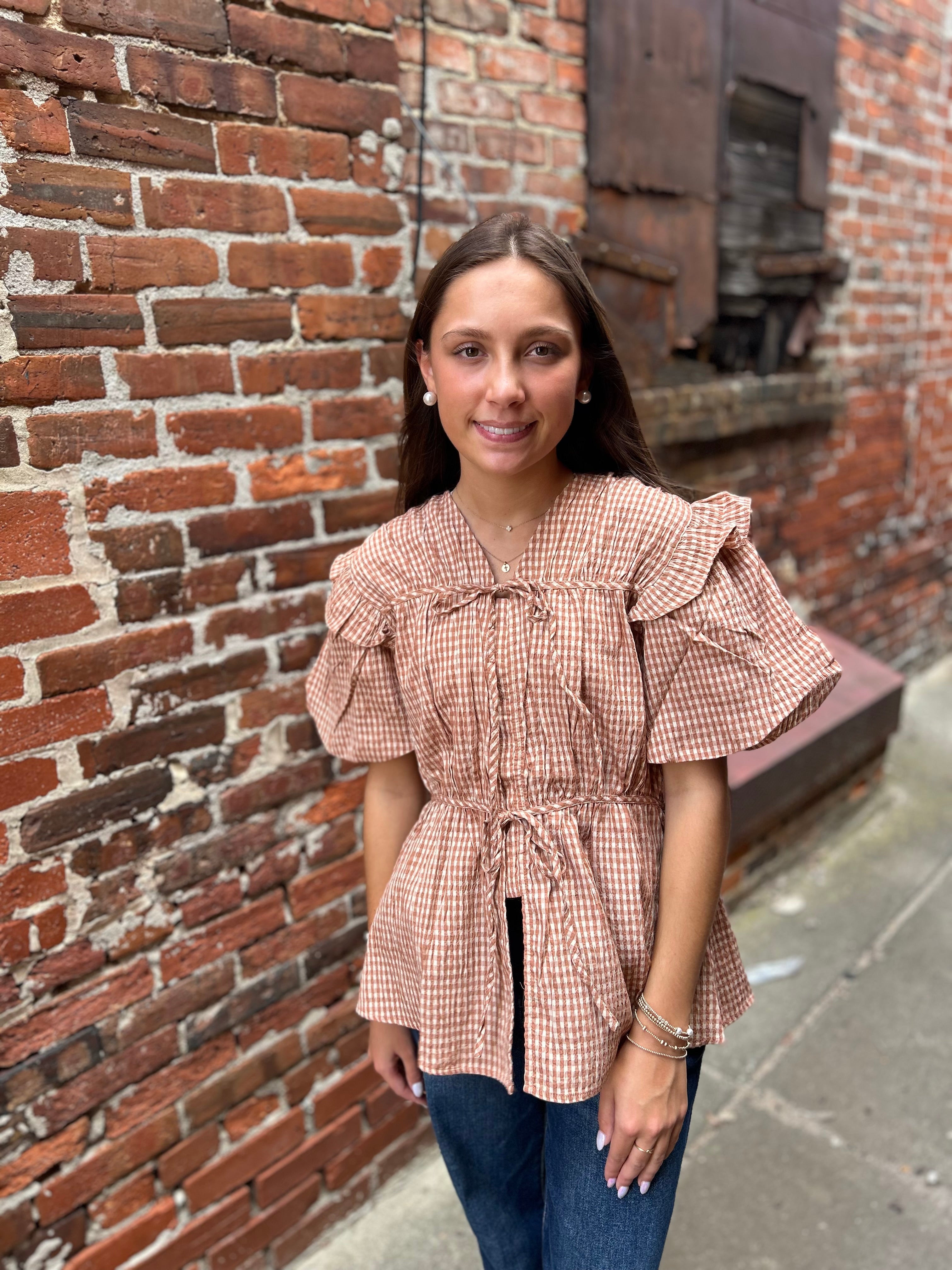 Puff Sleeve Tie-Front Blouse, Brown Gingham