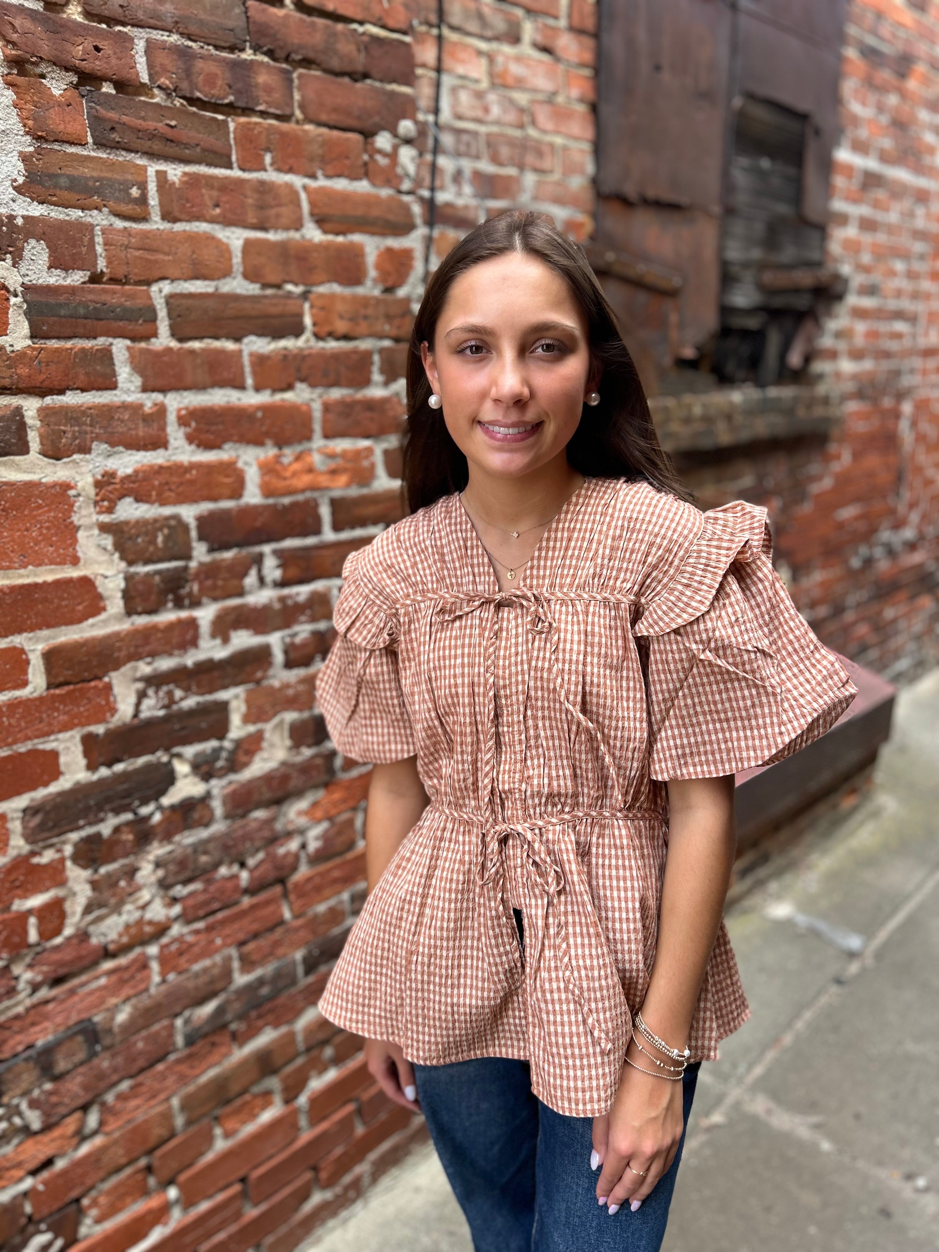 Puff Sleeve Tie-Front Blouse, Brown Gingham