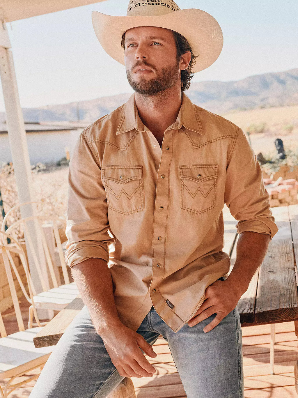 Wrangler Mens Retro LS Western Snap Solid Dobby Shirt