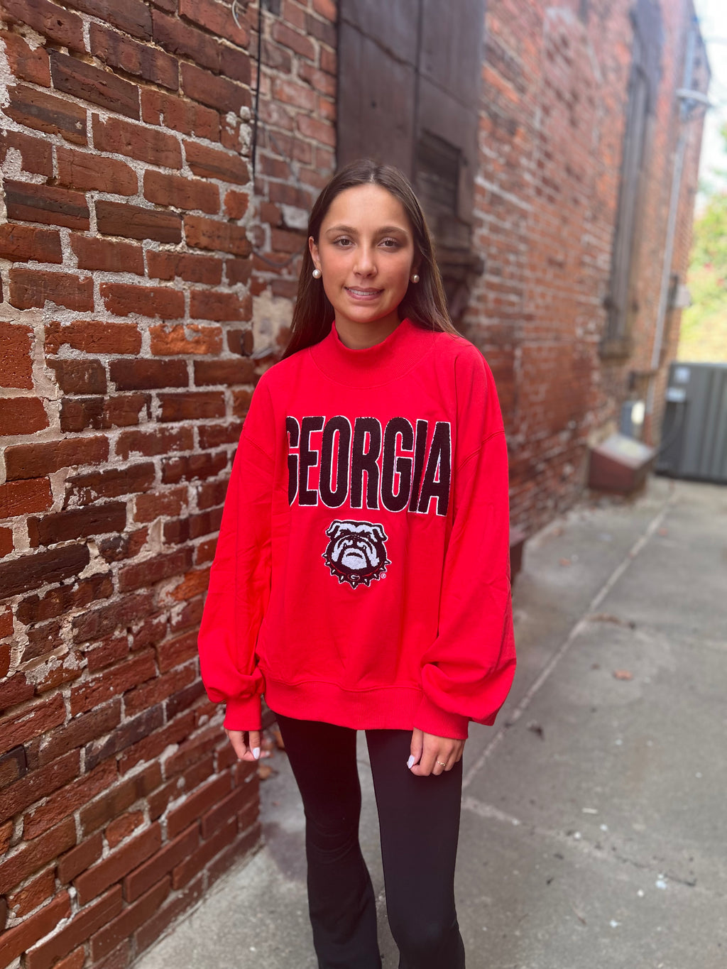 Chenille Block Text Mock Neck Jersey-UGA Red
