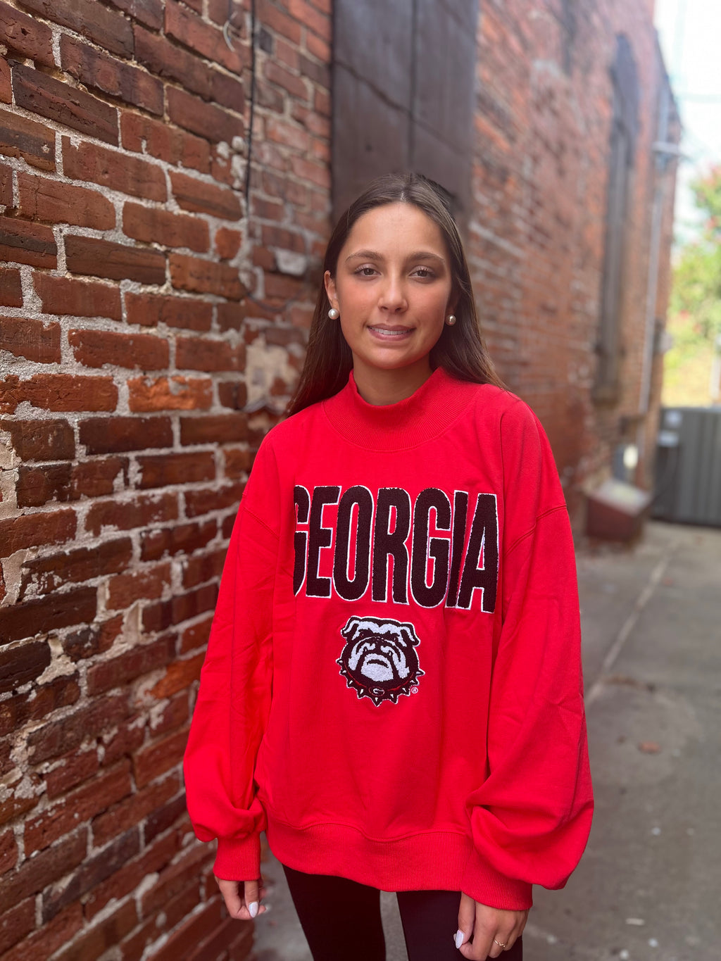 Chenille Block Text Mock Neck Jersey-UGA Red