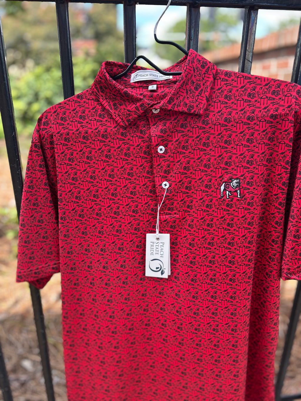 UGA Standing Dawg The Classic City Patterned Perf Polo-Red & Black