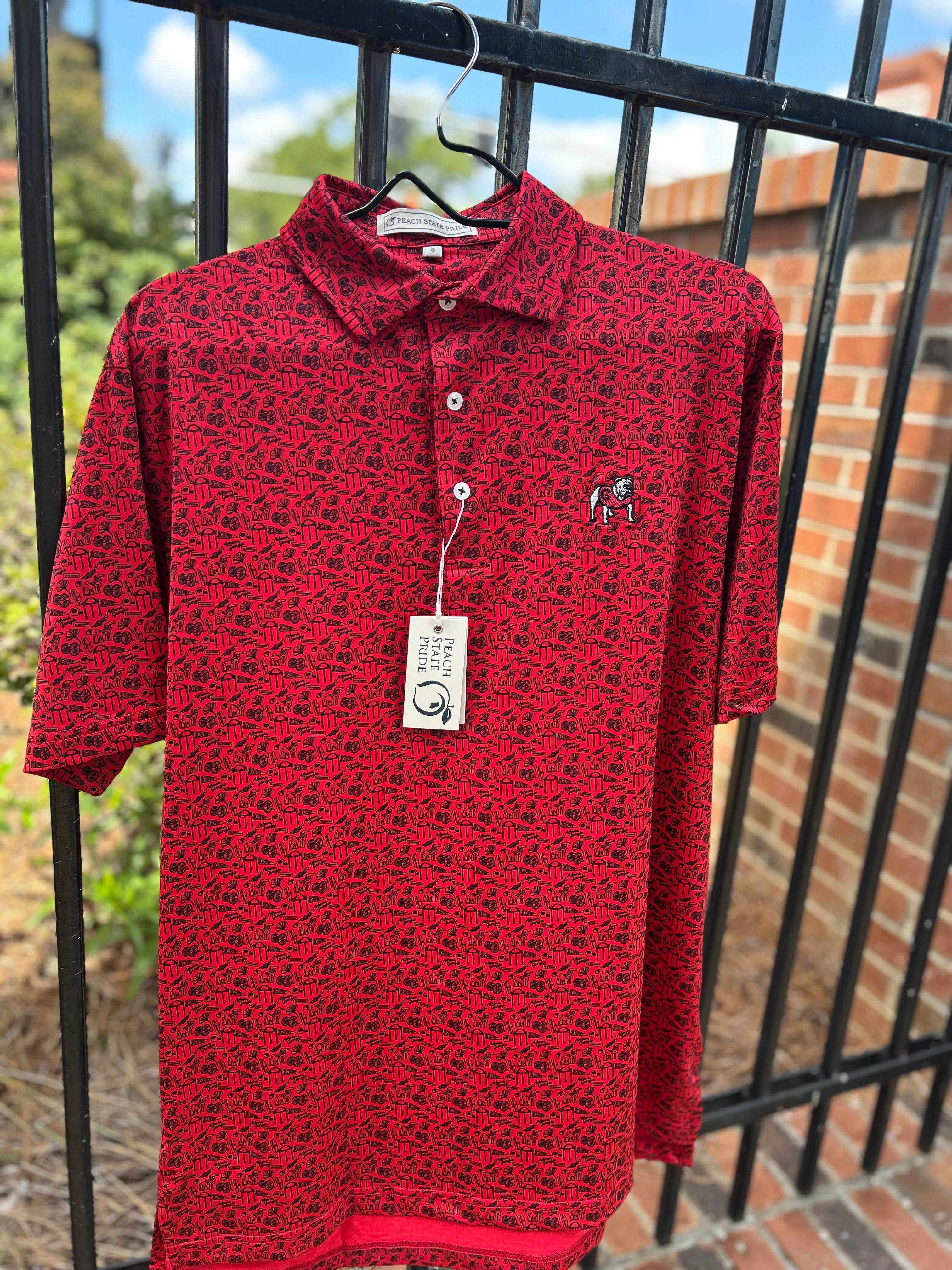 UGA Standing Dawg The Classic City Patterned Perf Polo-Red & Black