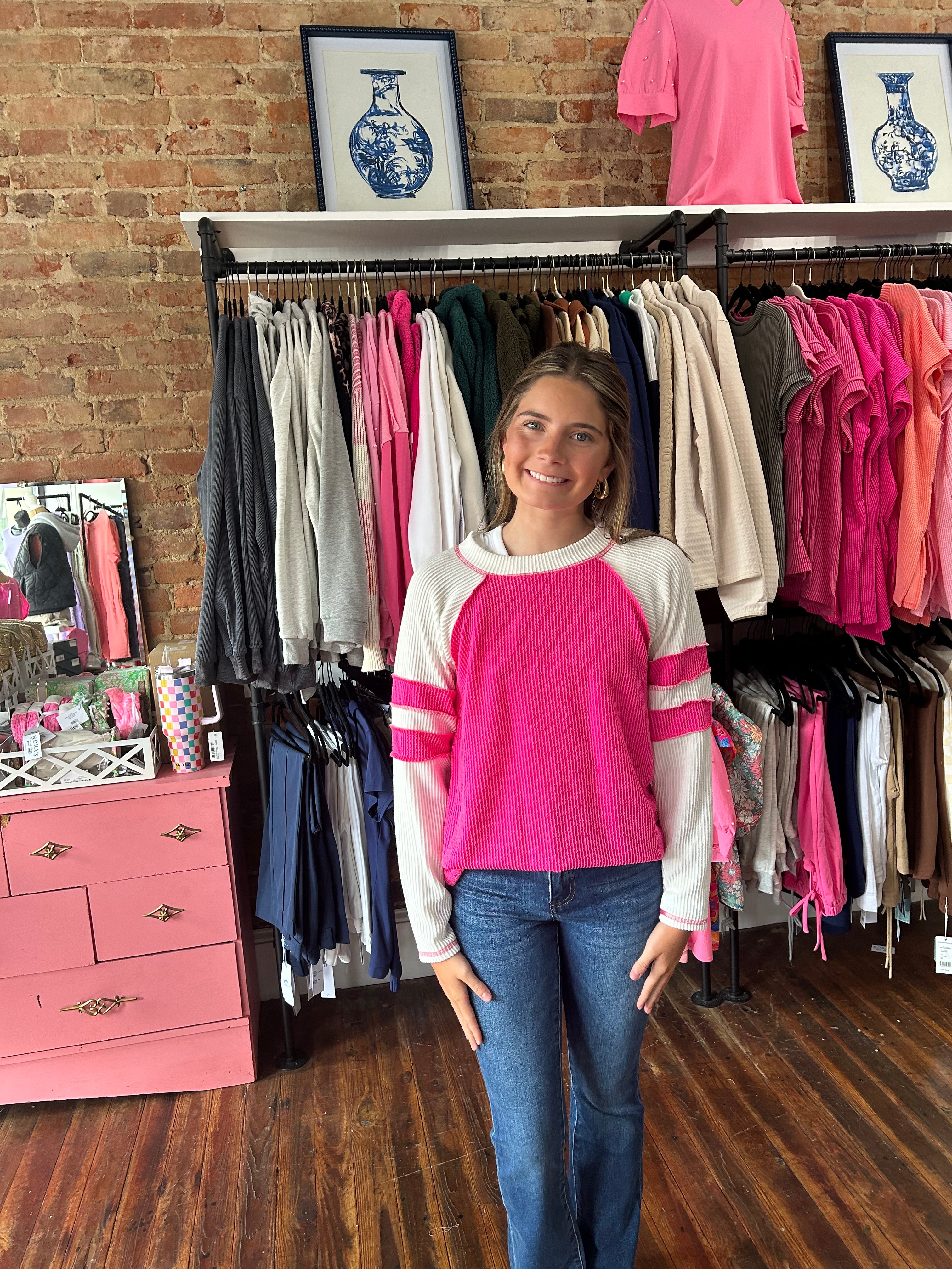 W's Pink Wave Rib Tunic With Contrast Sleeves