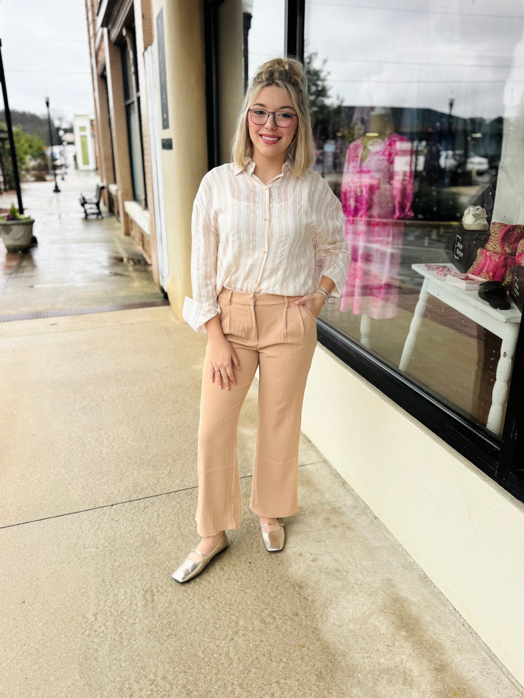 Kathryn Classic Button-up Beige Stripes