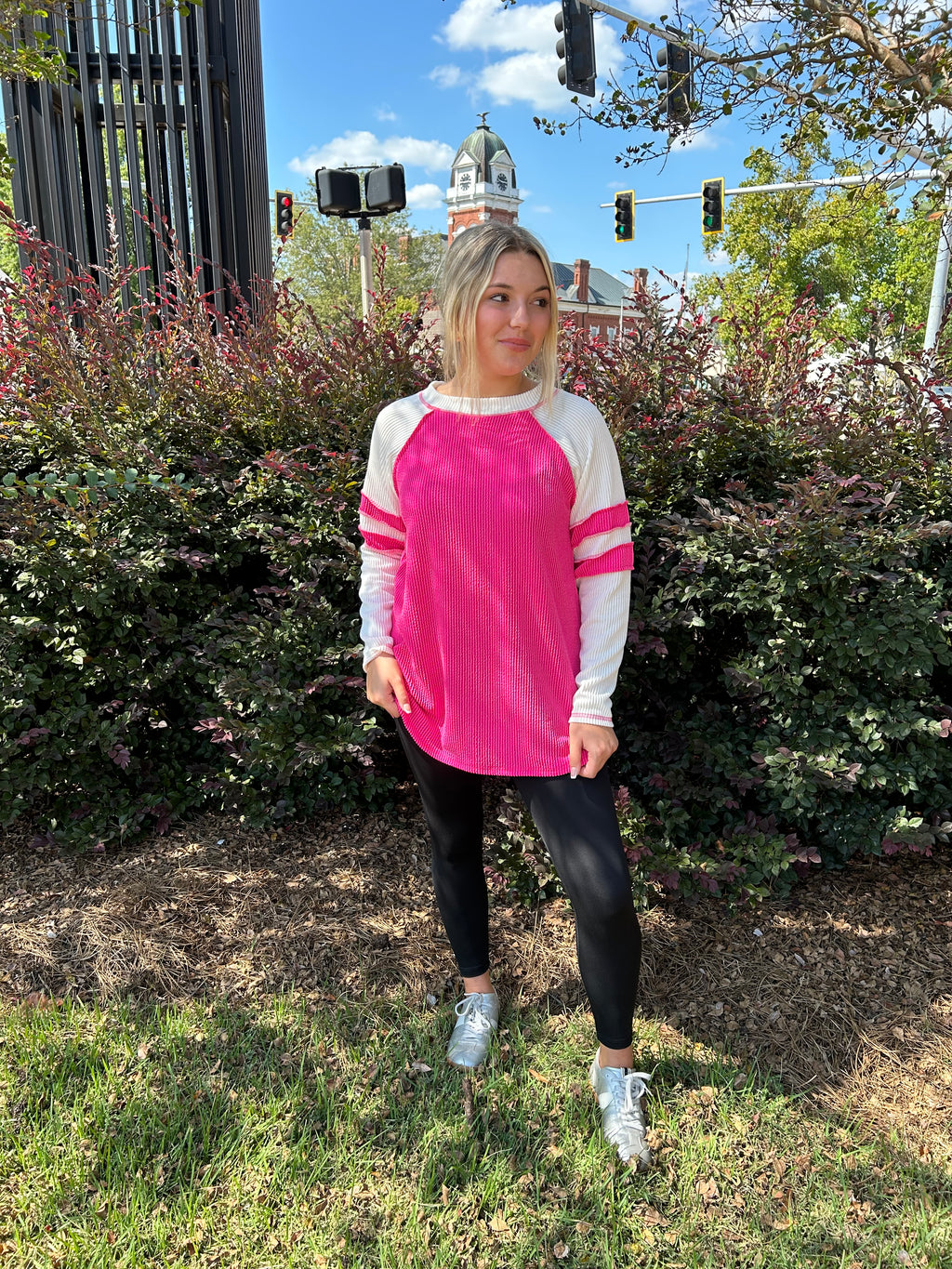 W's Pink Wave Rib Tunic With Contrast Sleeves