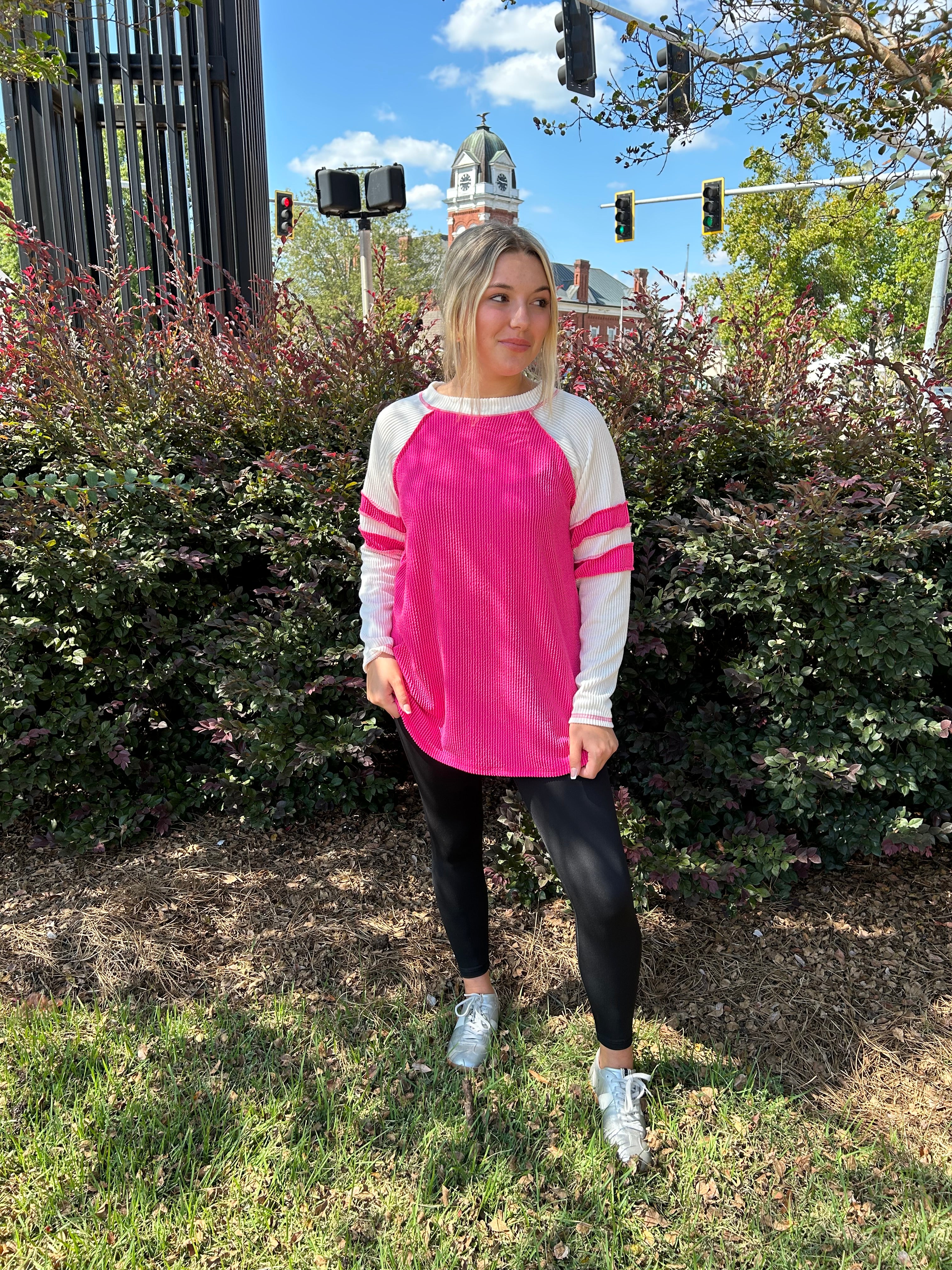 W's Pink Wave Rib Tunic With Contrast Sleeves