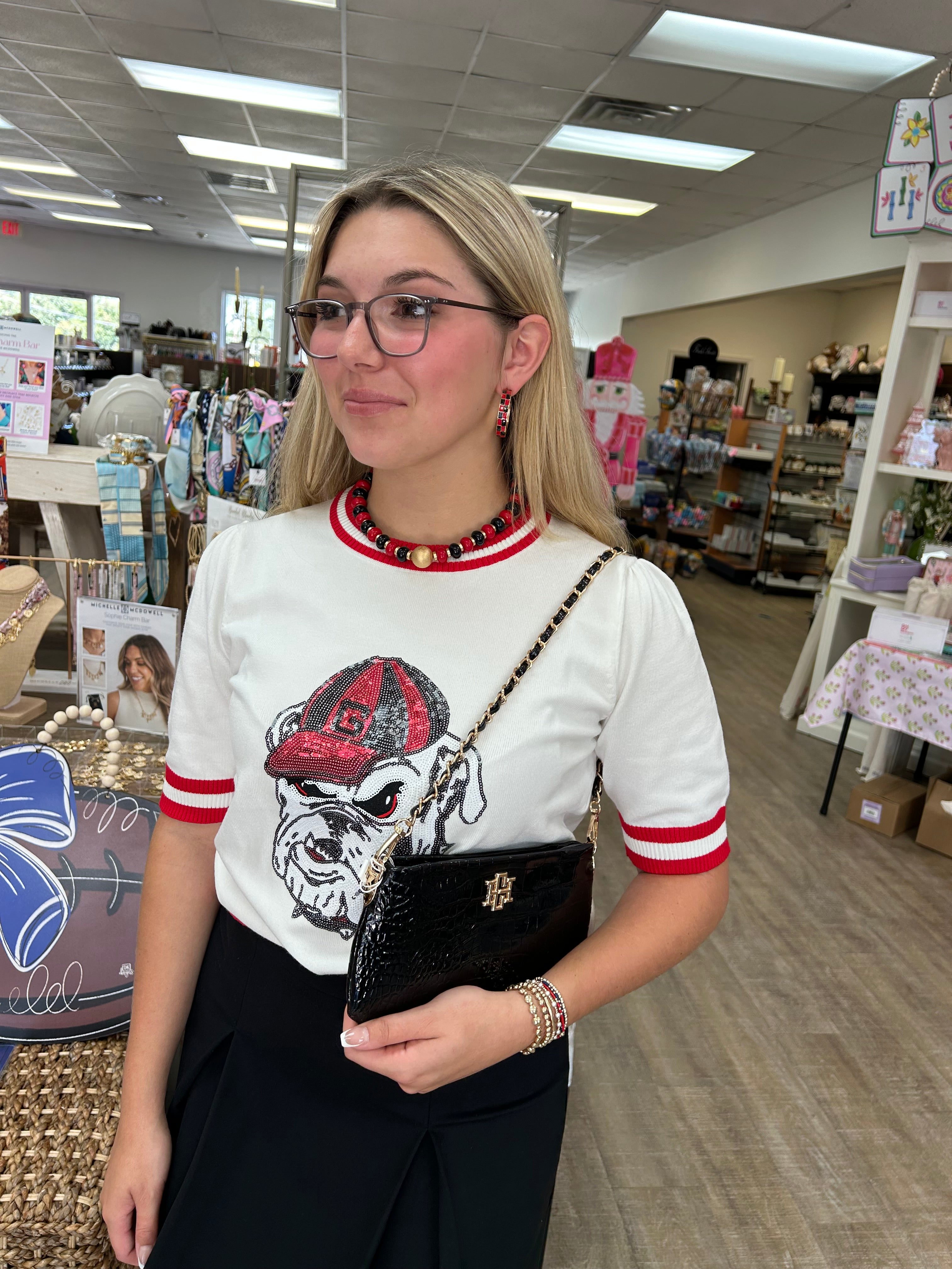 Sequin Varsity Short Sleeve Sweater w/ striped neckline