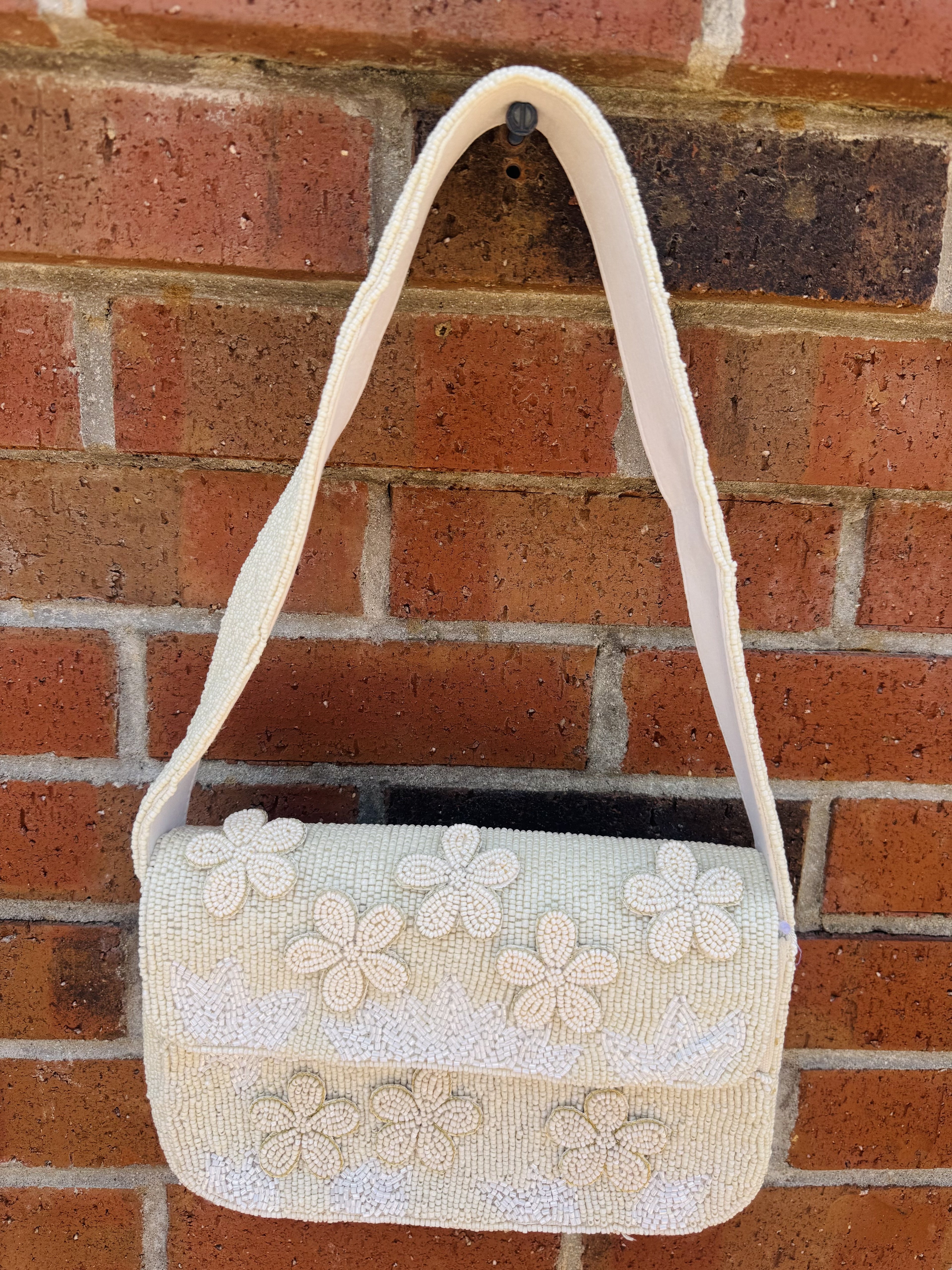 Cream Floral Tonal Beaded Shoulder Bag