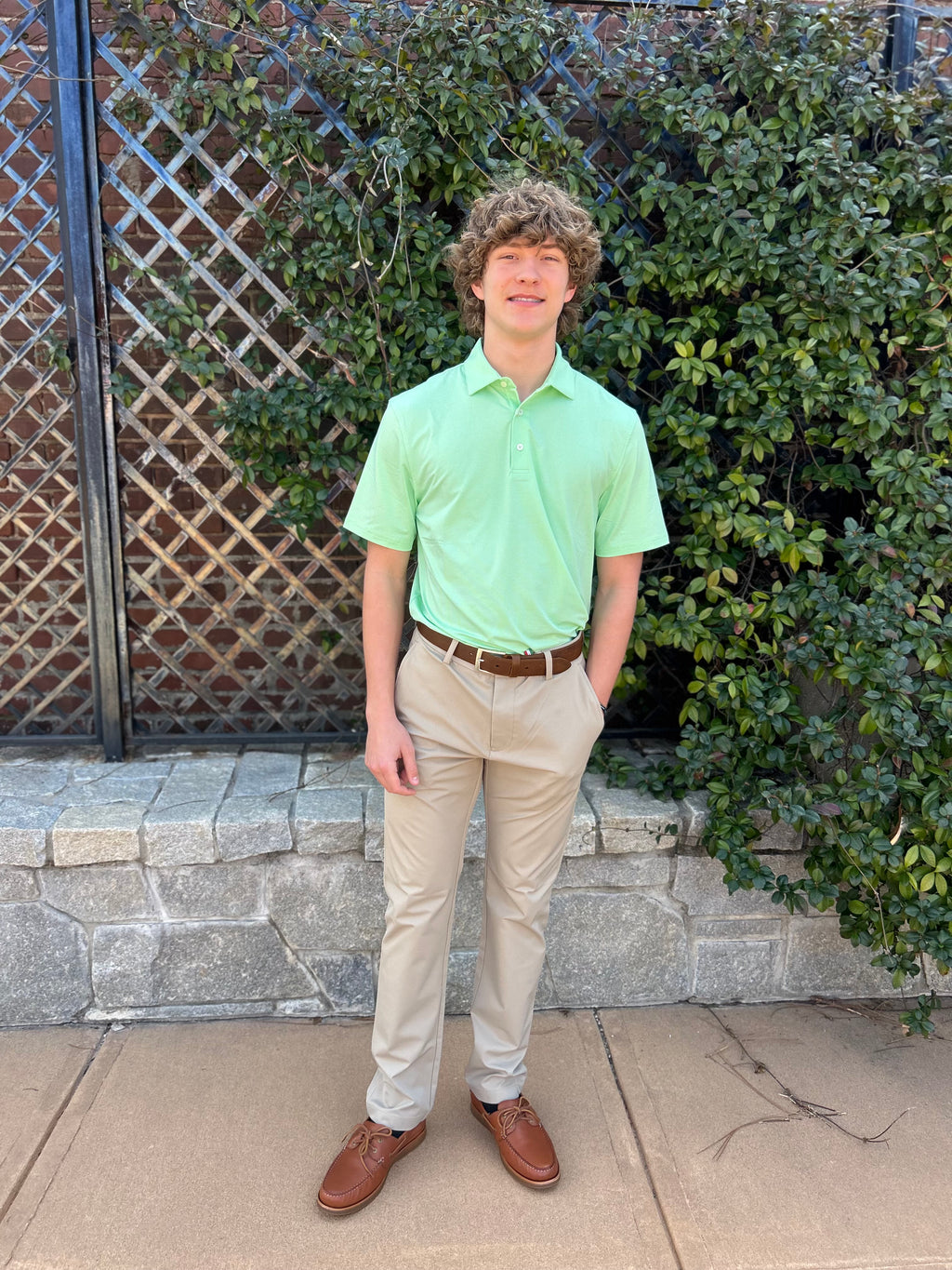 M SS Coastal Breeze Heather Perf Polo Green Ash