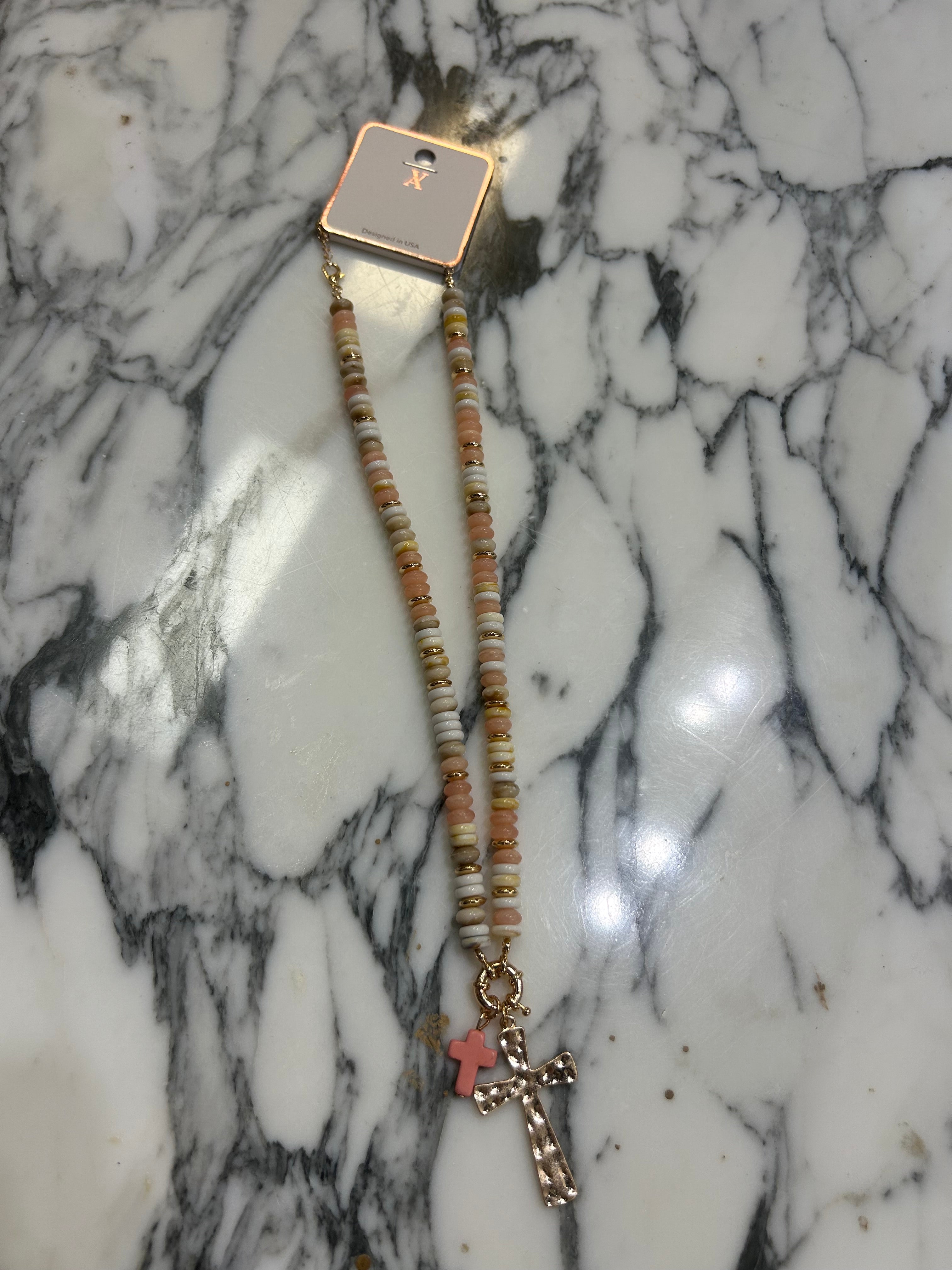 Stone Disk Beaded Necklace With Cross