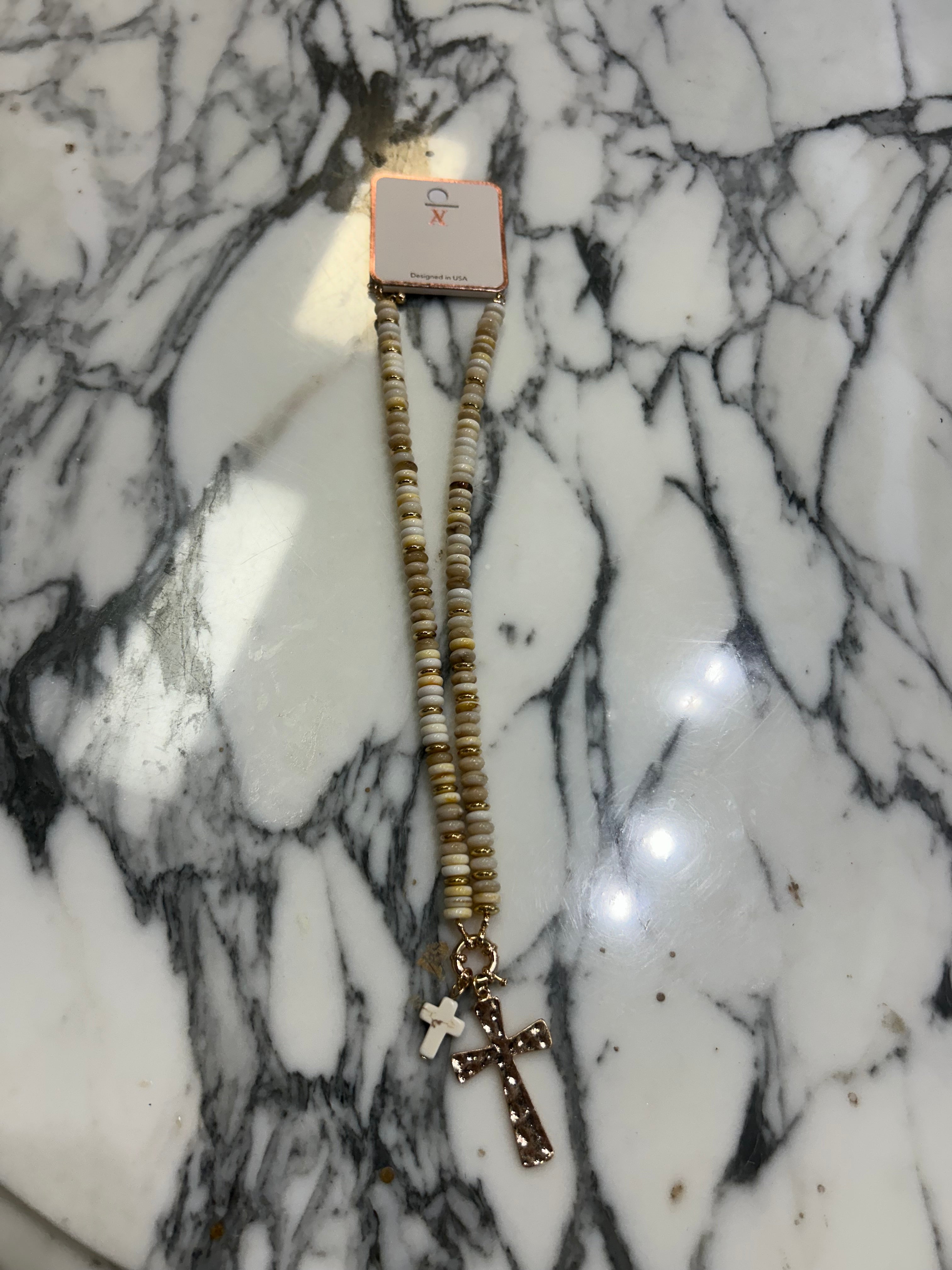 Stone Disk Beaded Necklace With Cross