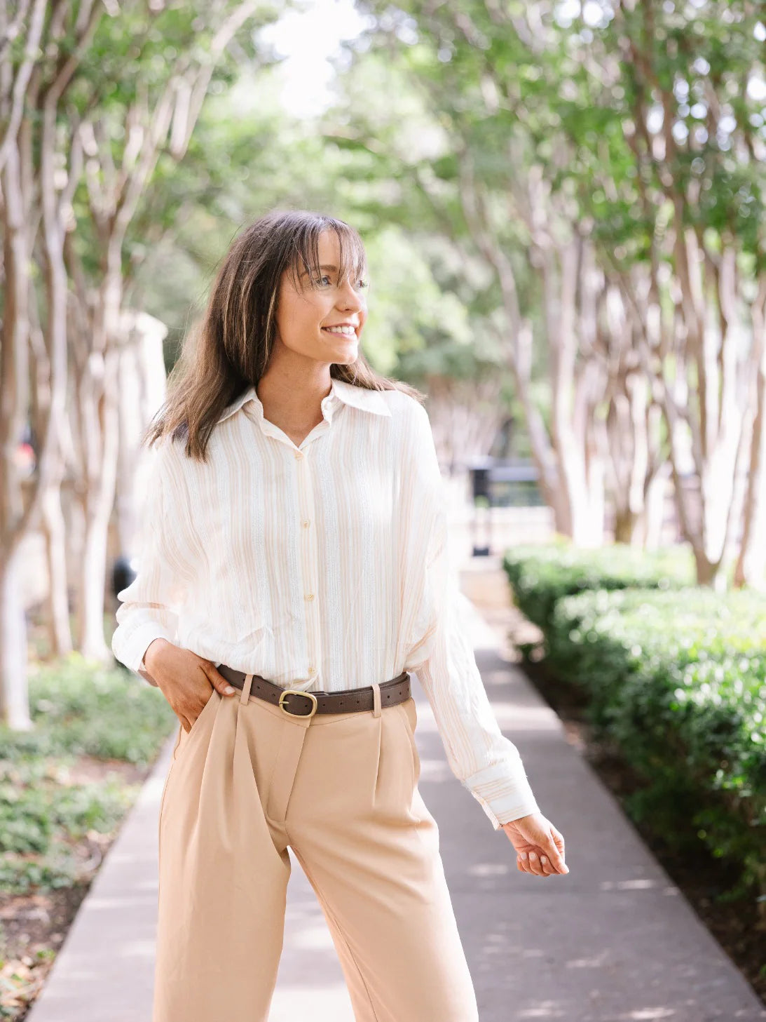 Kathryn Classic Button-up Beige Stripes