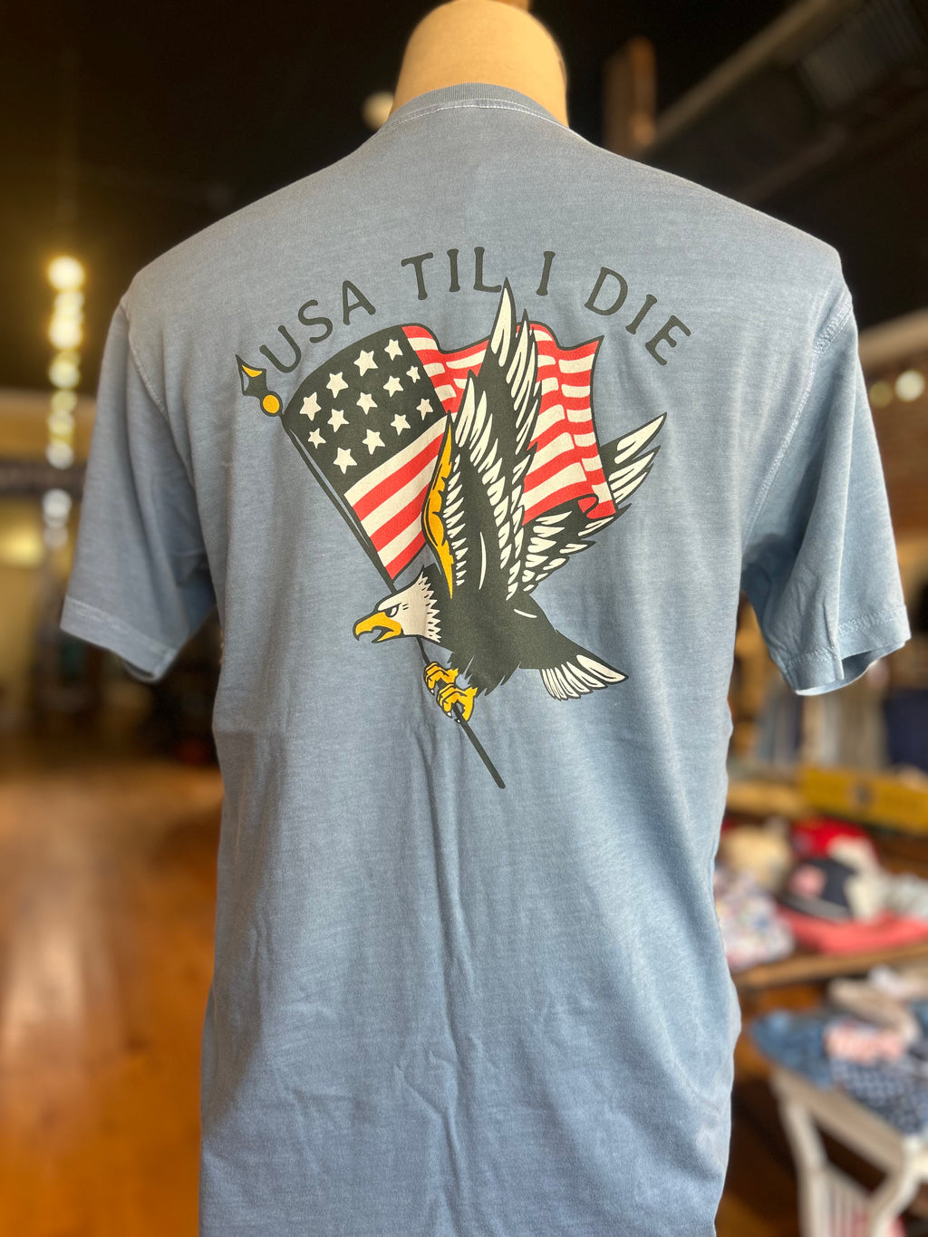 True American Til I Die Eagle SS Pocket Tee Denim