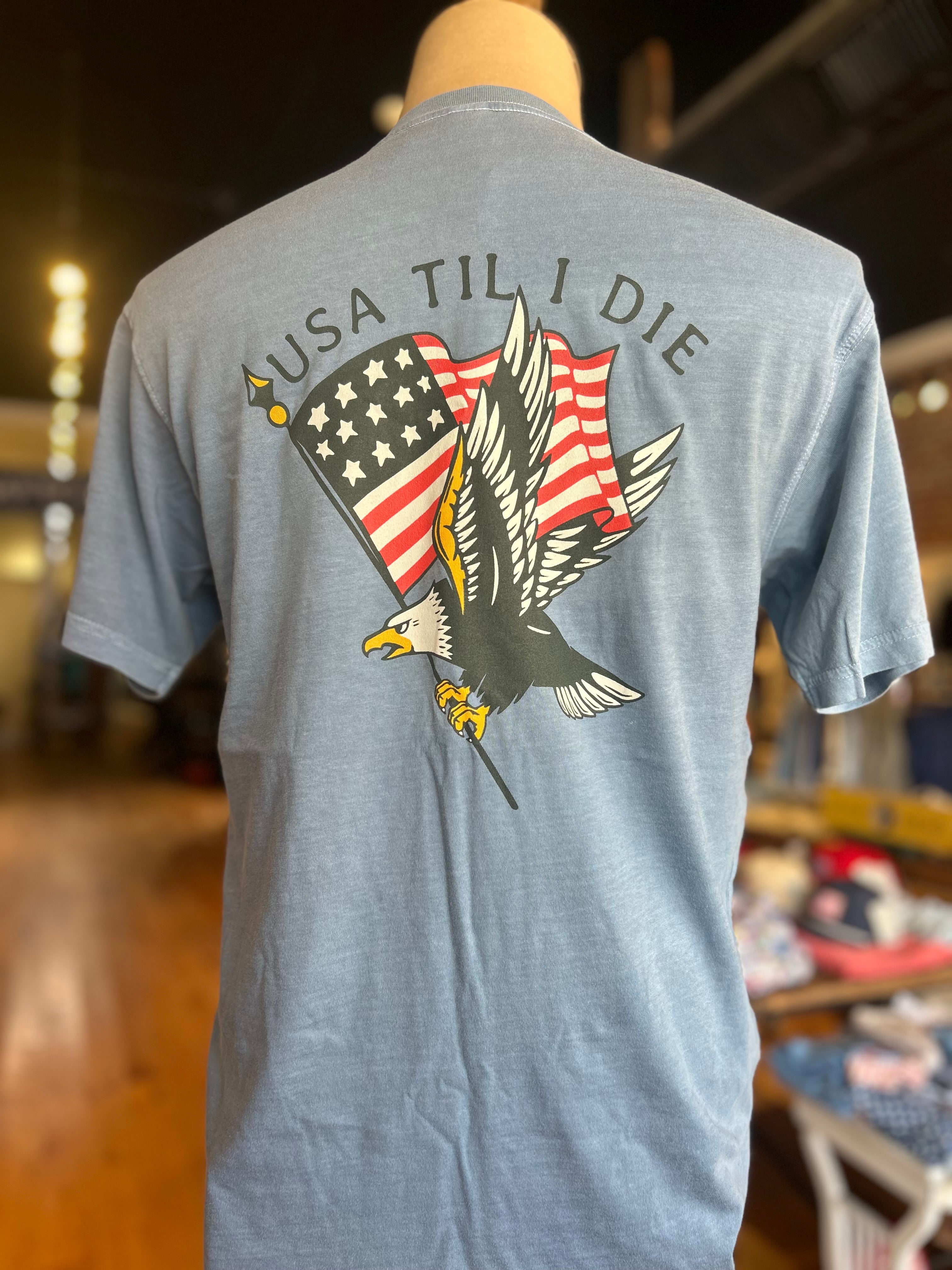 True American Til I Die Eagle SS Pocket Tee Denim