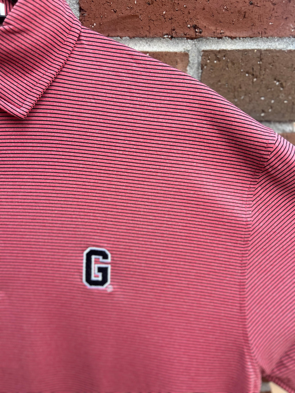 UGA Block G Heathered Knockout Perf Polo-Red & Black