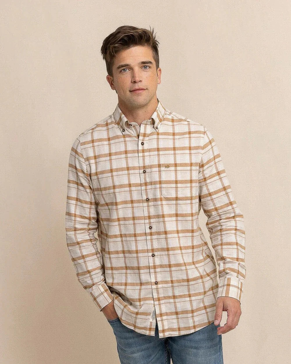 M LS Sand White Botnay Bay Plaid Sportshirt