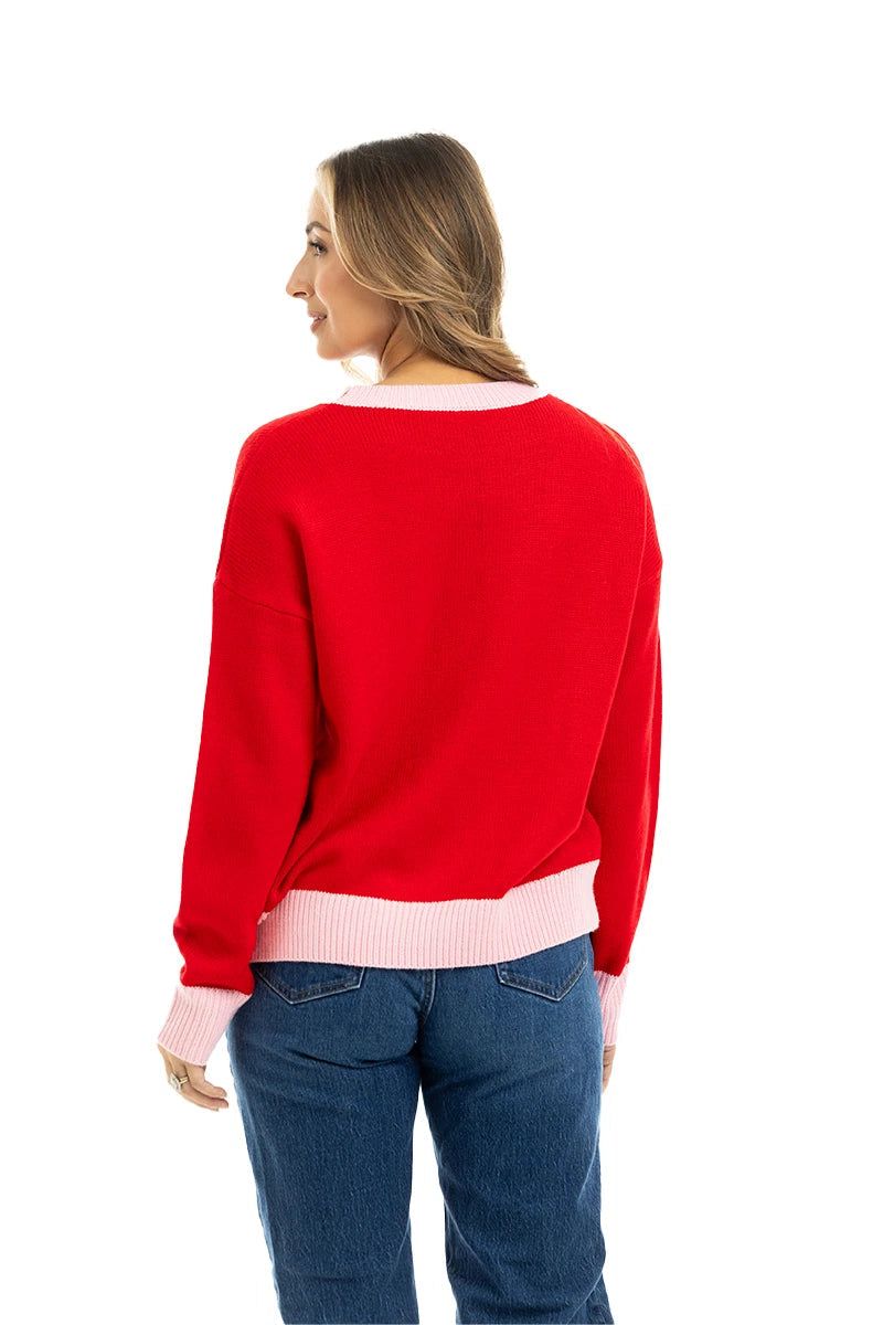 Red Merry Embroidered Knit Sweater