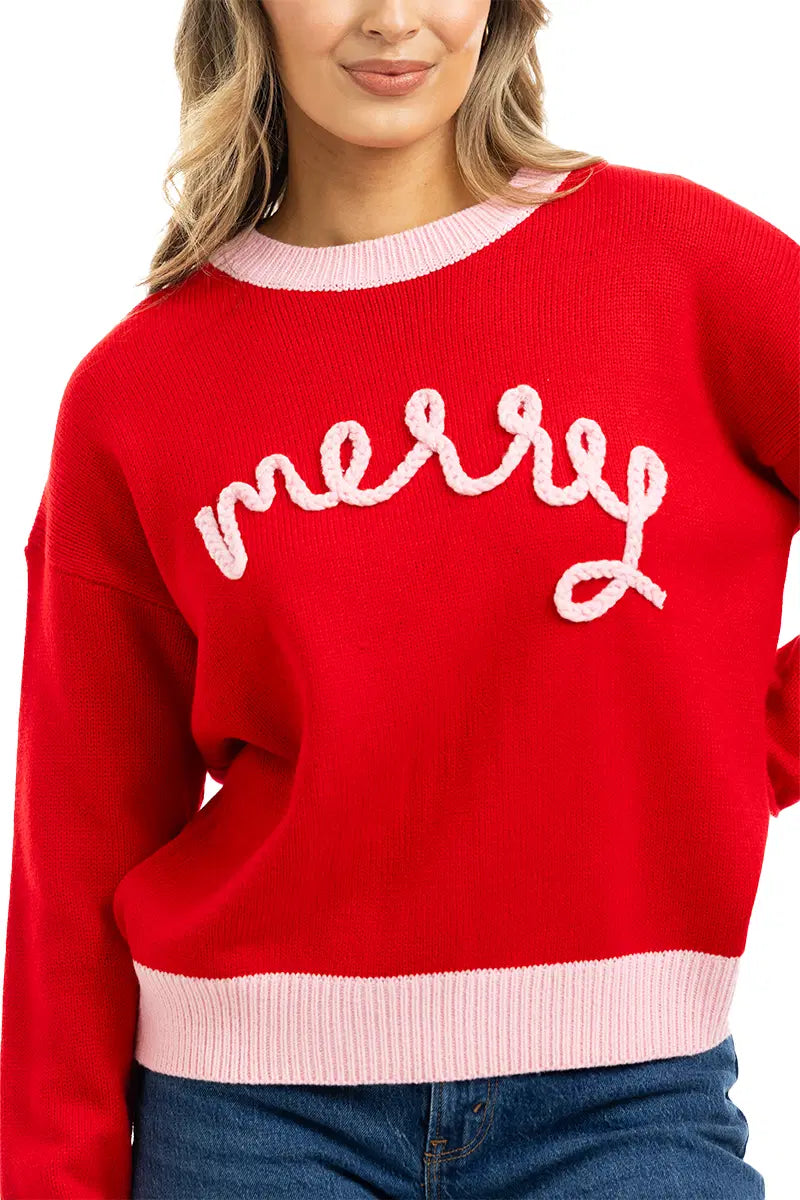 Red Merry Embroidered Knit Sweater