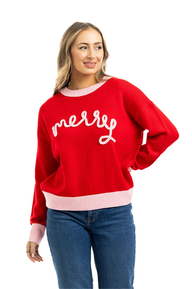 Red Merry Embroidered Knit Sweater
