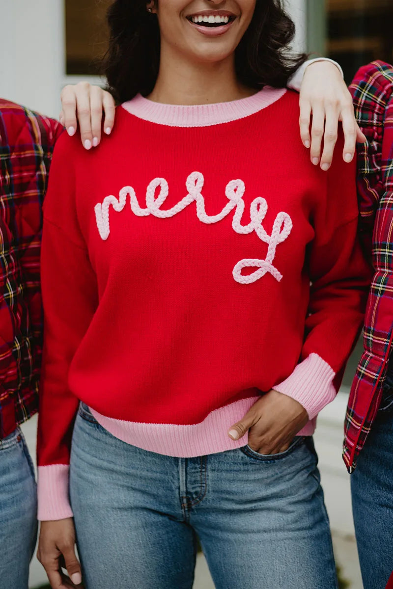 Red Merry Embroidered Knit Sweater